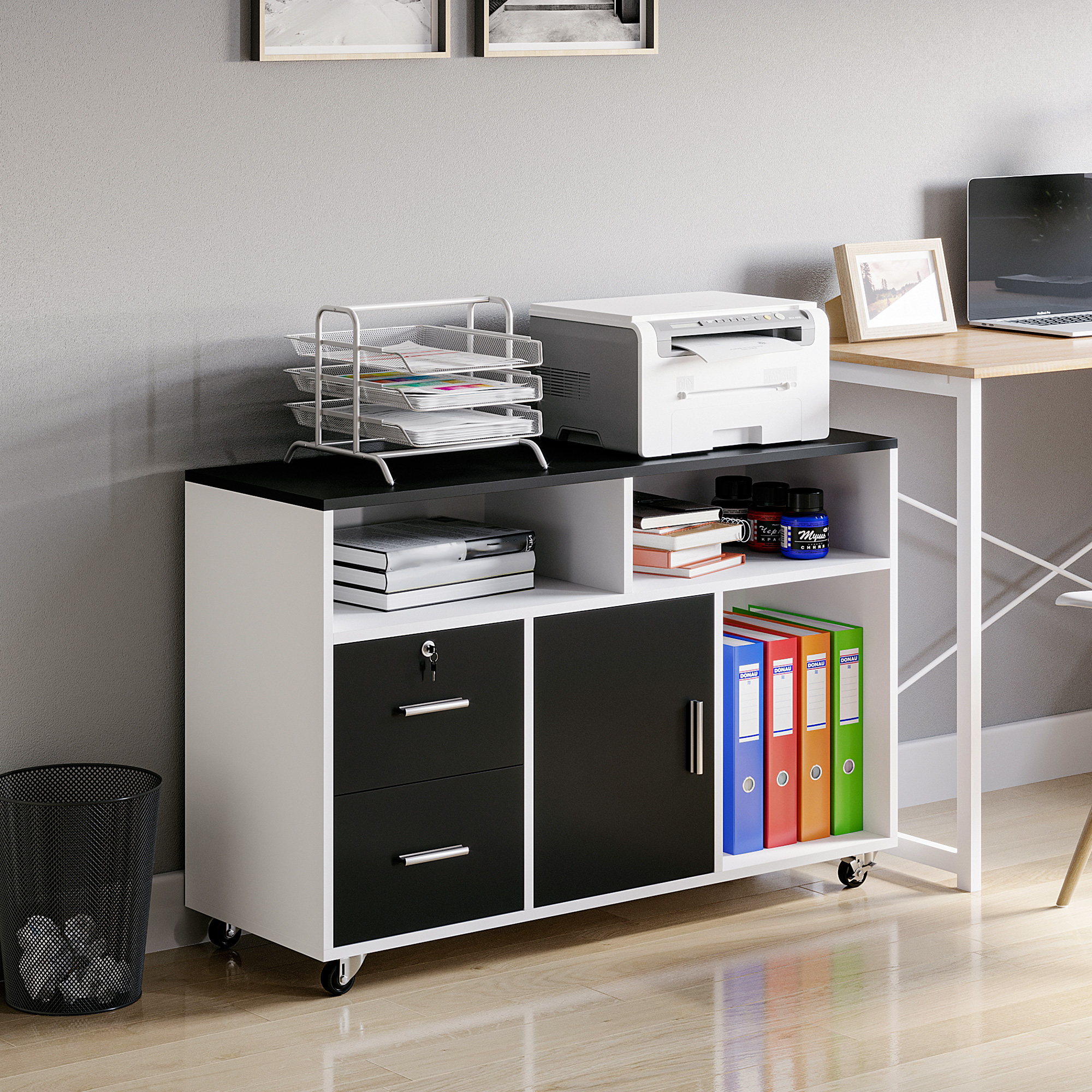 HOMCOM Druckerwagen mit Schubladen, Multifunktionsschrank für Büro und Zuhause, Schwarz und Weiß, 100x35x65cm