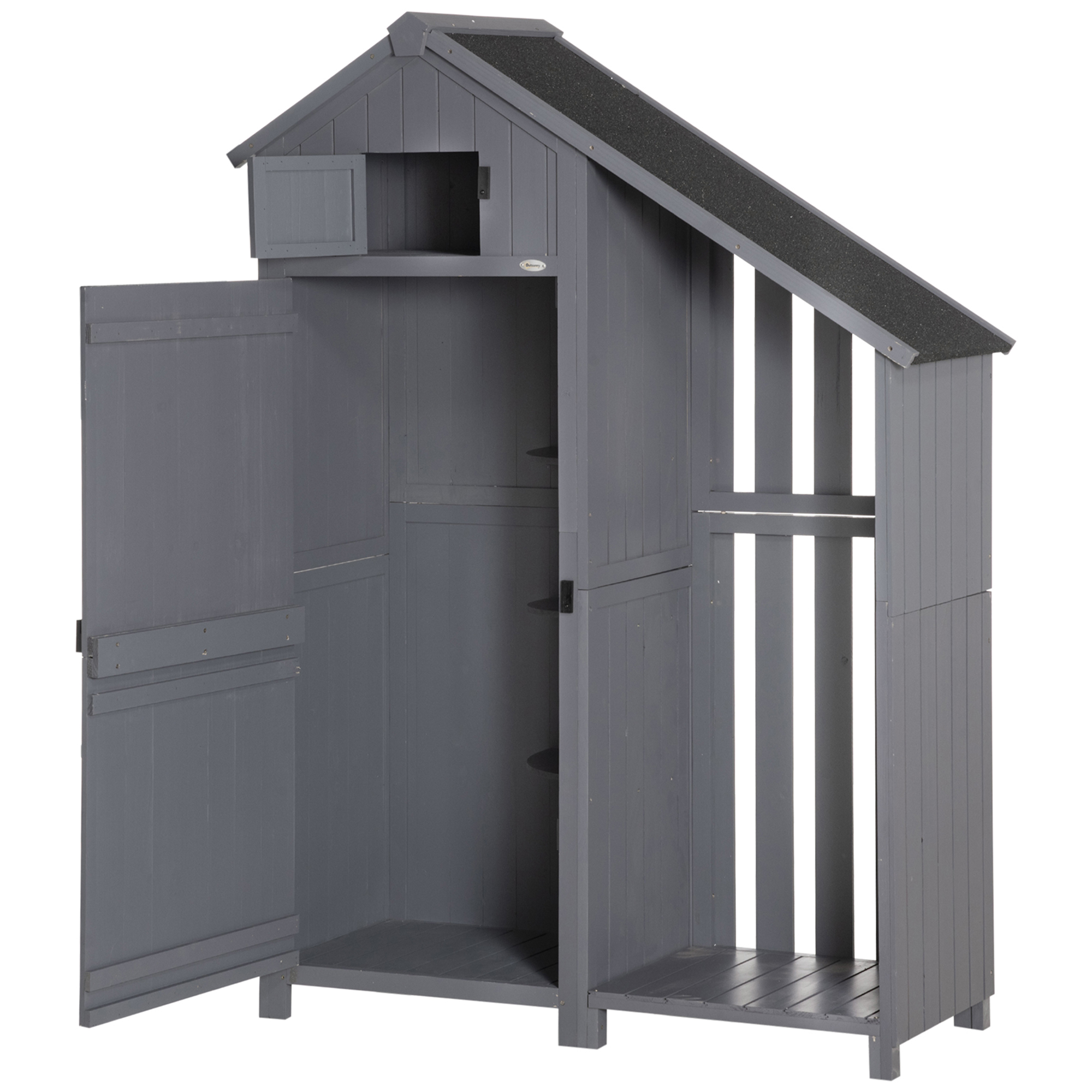 Outsunny Gartenschrank, offenes Brennholzfach, verriegelbare Tür, wetterfest, Naturholz, 129 x 51,5 x 180cm, grau+schwarz
