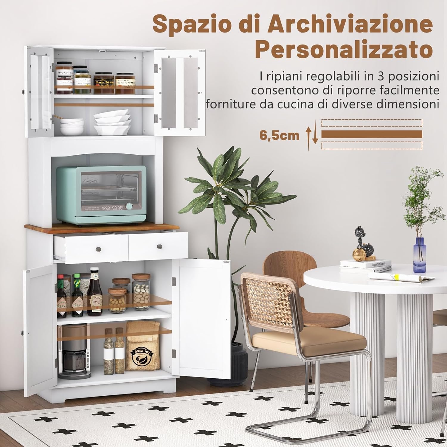 GYMAX Credenza da Cucina Alta, 68 x 40 x 170, Mobile Dispensa in Legno di Gomma, con 2 Ante in Vetro Temperato, Ripiani Regolabili, 2 Cassetti, Mobile per Sala da Pranzo, Bianco