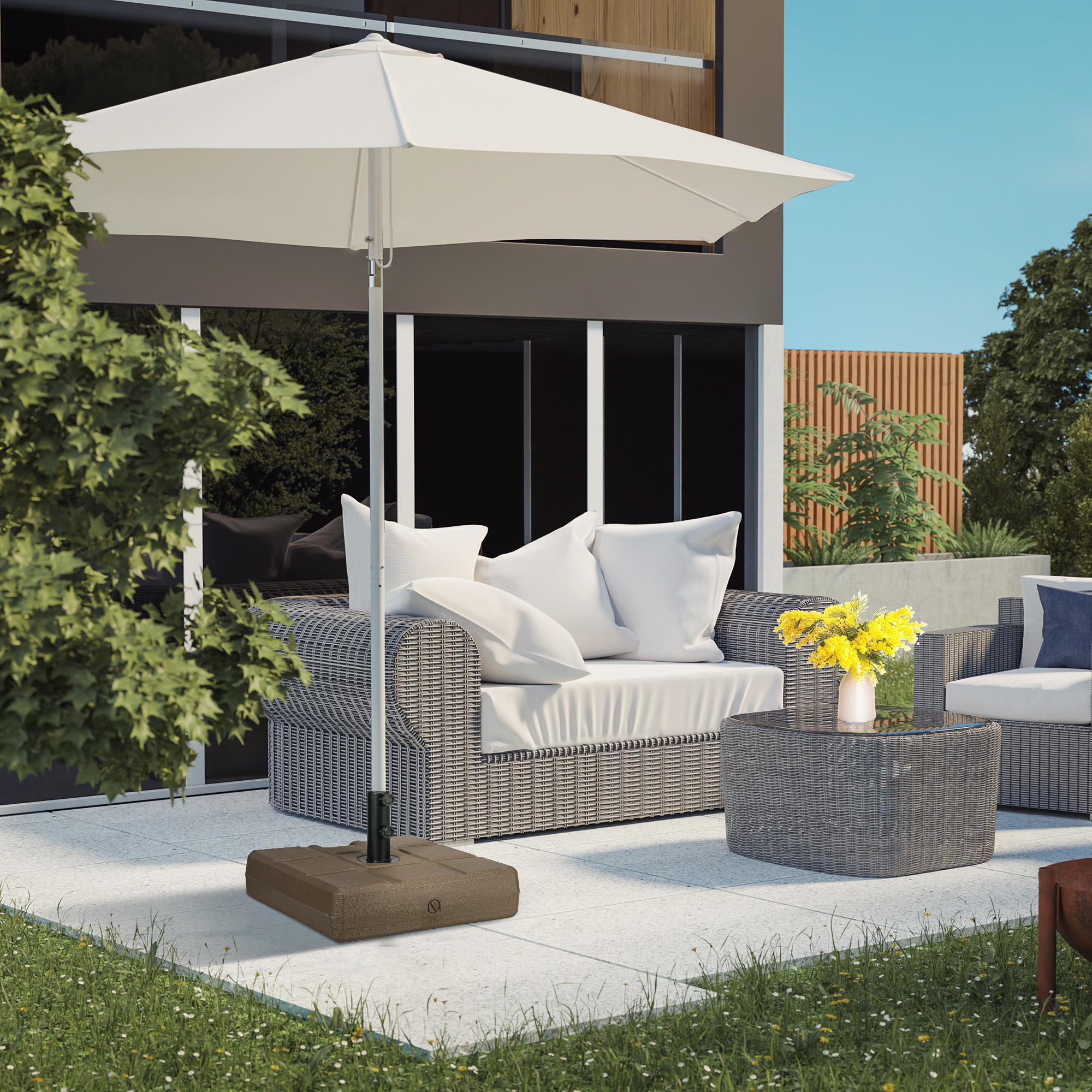 Outsunny Baseständer für Gartenschirme, Befüllbar mit Griff aus HDPE und Stahl, 49x49x36,5 cm, Braun