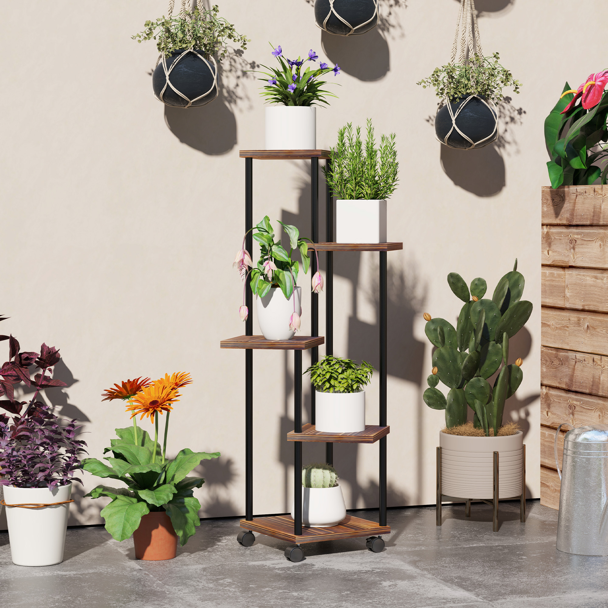 Outsunny Blumenständer mit 5 Ebenen, 5-stufiger Pflanzenständer, versetztes Design, leicht zu verschieben, Holz, Stahl