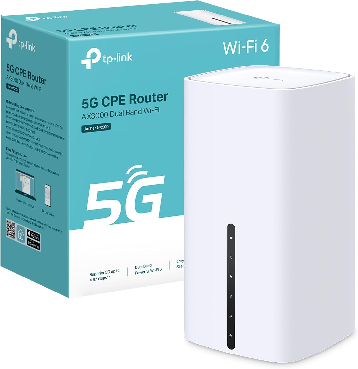 TP-Link Archer NX500 Router 5G Wi-Fi 6 AX3000Mbps Dual Band, Porta Gigabit WAN/LAN +2×Porte Gigabit LAN, Plug & Play, 1024-QAM, 8×5G/LTE, 3×Wi-Fi Antenne Interne, EasyMesh, HomeShield