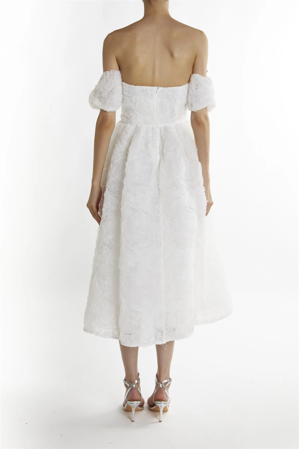 White Applique-Mesh Amelia Bardot Bust Cup Midi Dress