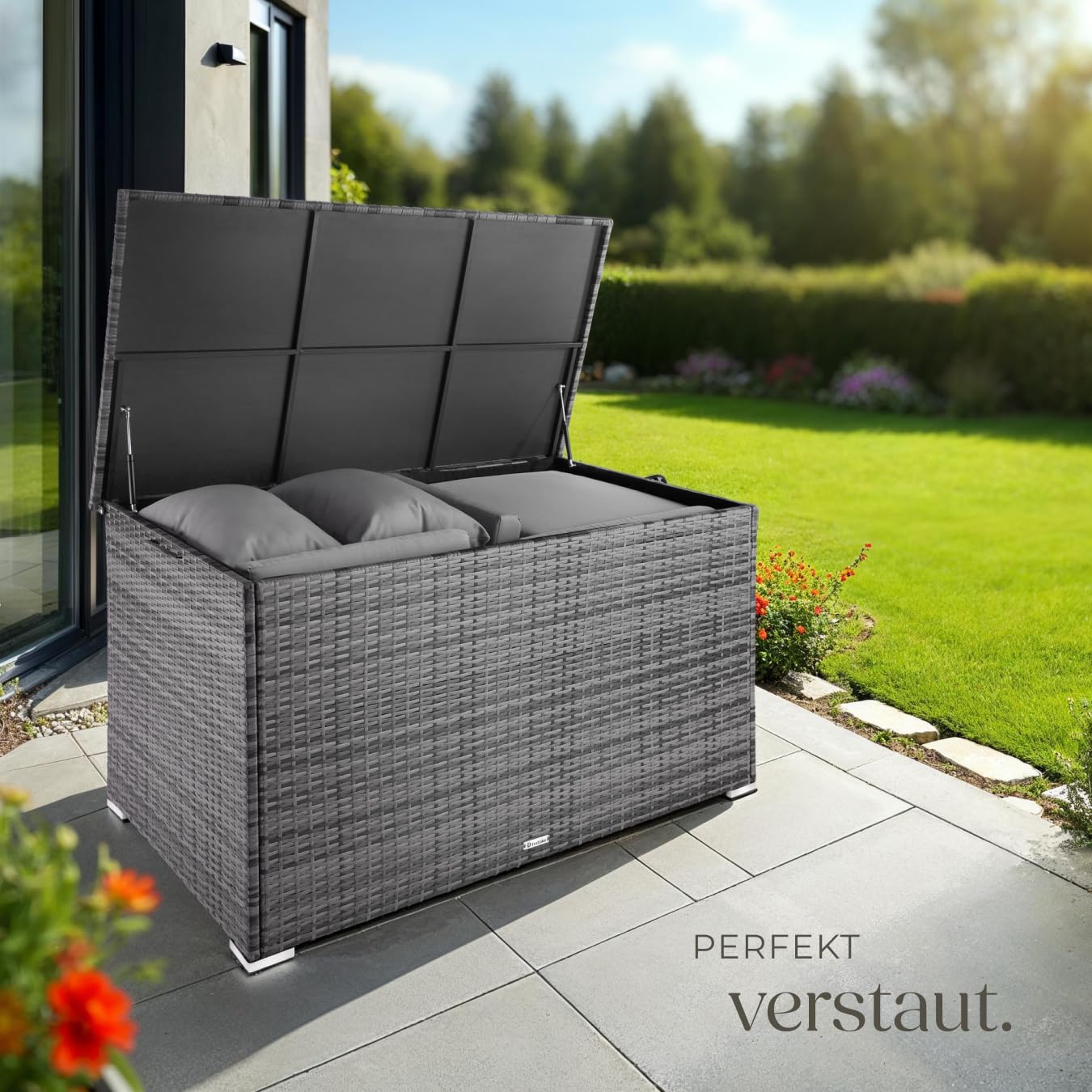 Aufbewahrungsbox Garten 750 L aus Aluminium und Polyrattan, grau, wetterfest mit Deckel und Gasdruckfedern, 145x82,5x79,5 cm