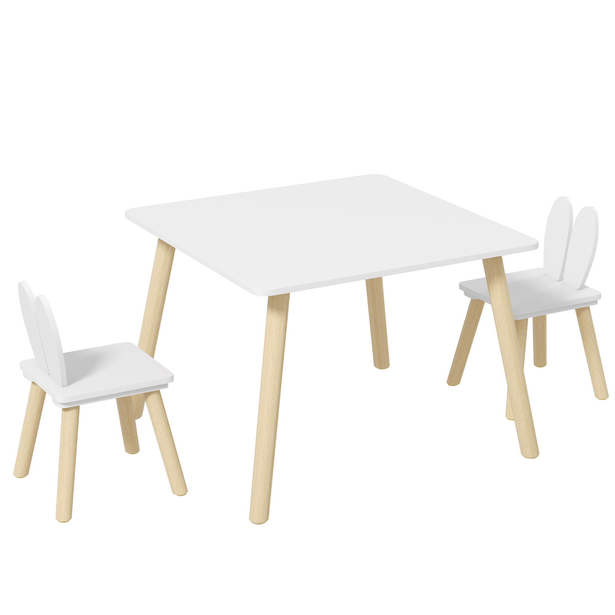 AIYAPLAY Kinder-Tisch- und 2-Stühle-Set skandinavisches Design mit Hasenohrenmuster Kieferholz Weiß