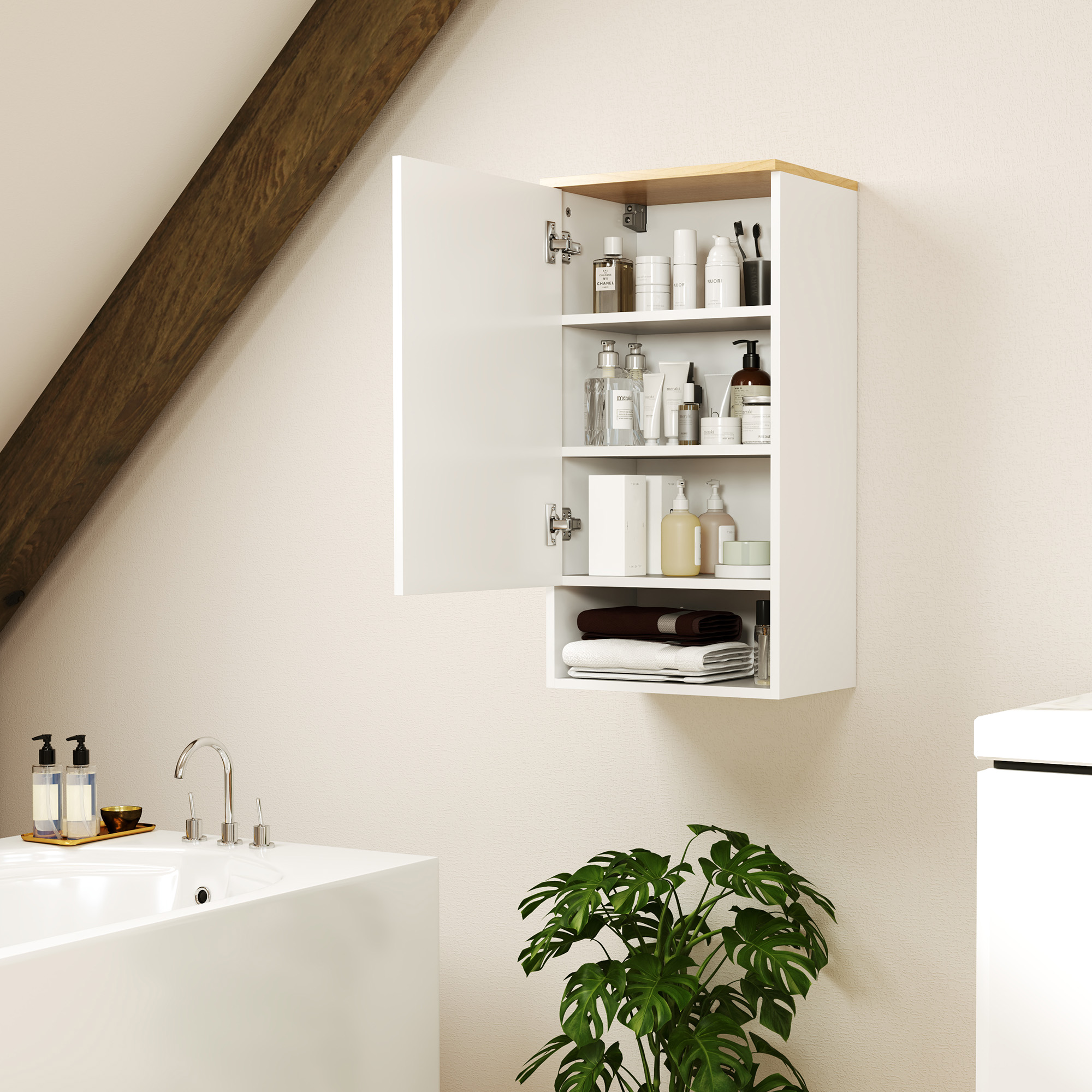 HOMCOM Badezimmerschrank mit verstellbaren Regalen und offenem Regal aus Holz und MDF, 40x27x77 cm, Weiß
