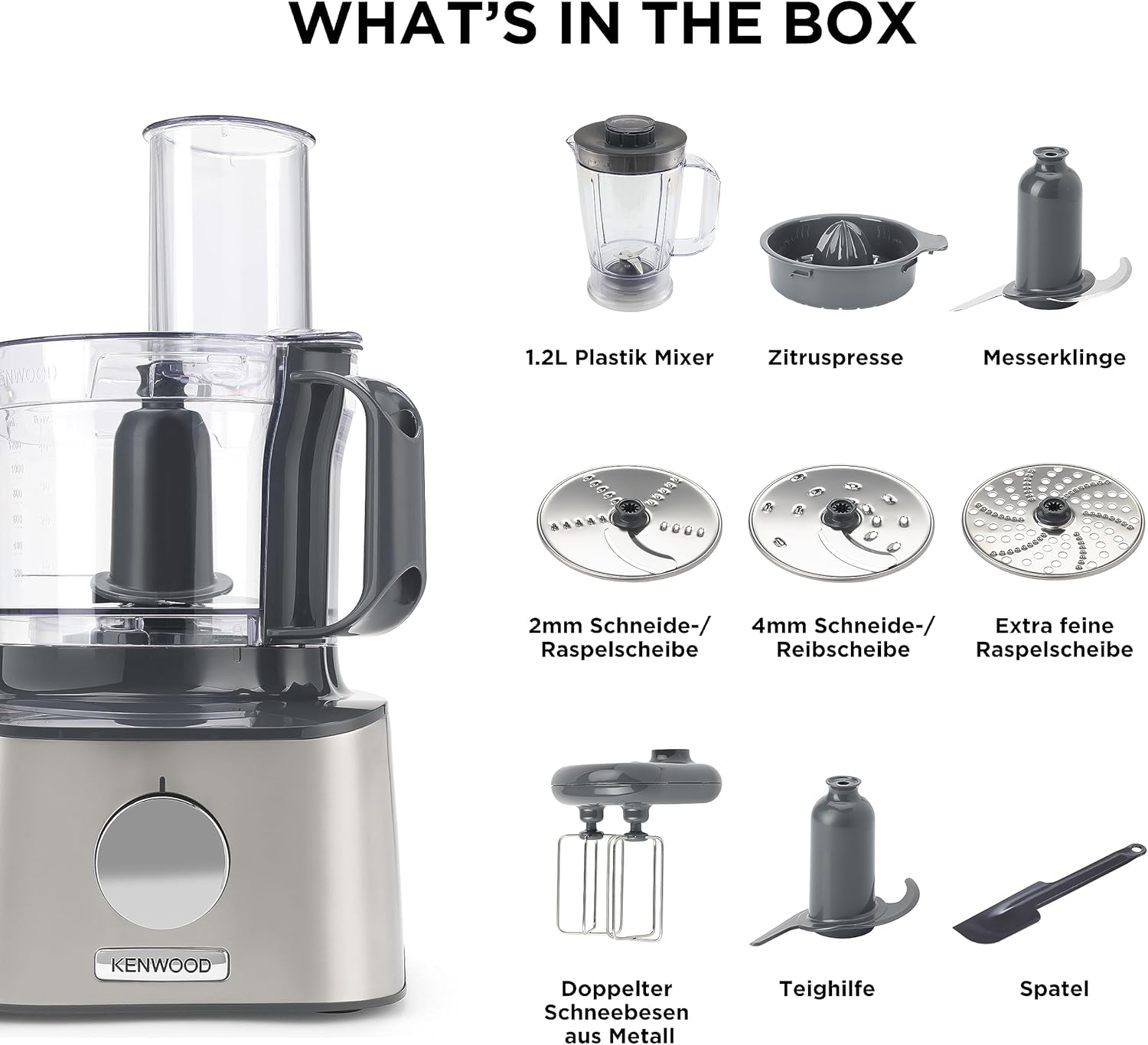 Kenwood MultiPro OneTouch FDM73.850SS – 3-in-1 Kompakt-Küchenmaschine & Mixer, 12 Zubehörteile, 6 Automatikprogramme, Variable Geschwindigkeit & Pulse-Funktion, Integrierte Waage, 1000 W, Silber