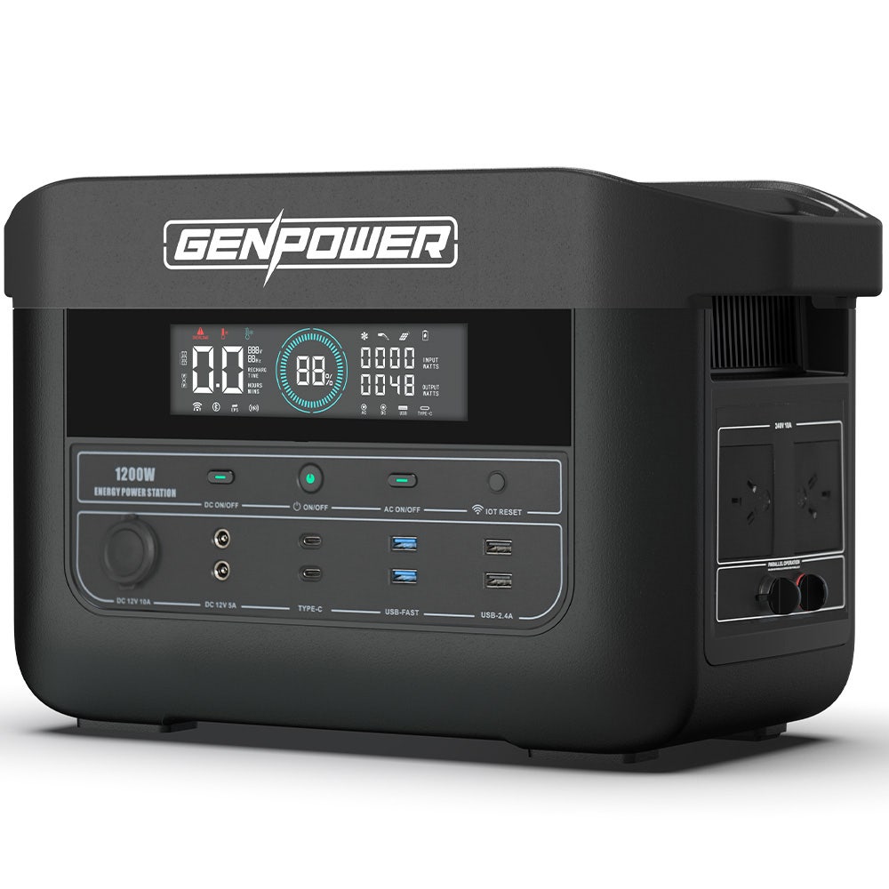GENPOWER 1200W Portable Lithium Power Station 1075Wh LiFePo4, Multiple Voltage Output, 15W Wireless Charger, Ideal for Camping, Home Backup and Power Tools
