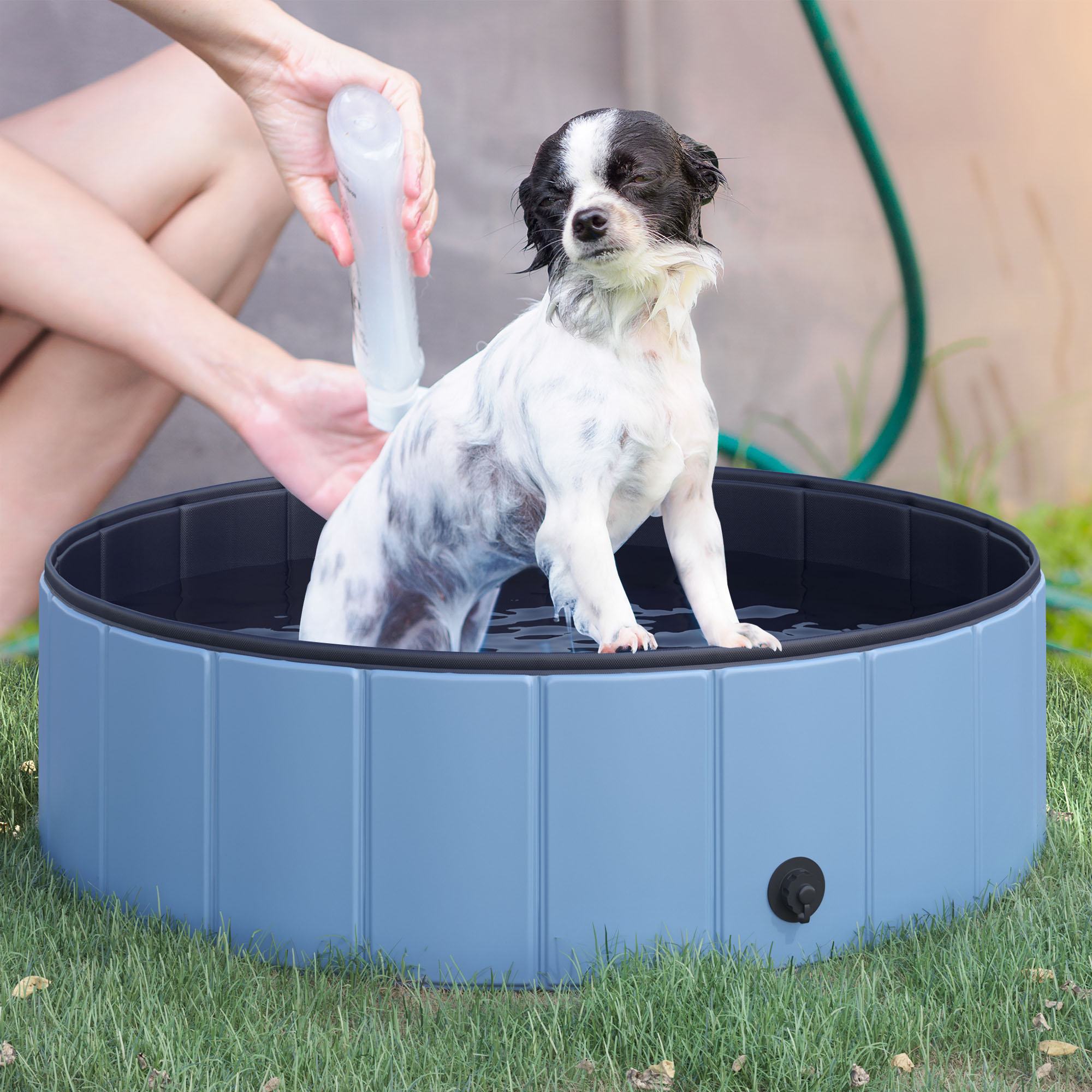 PawHut Hundebadewanne faltbar Badewanne Hundepool Plantschbecken Swimmingpool Wasserbecken für Hunde und Katzen Schwimmbecken Kunststoff+Holz Blau Ø100 x H30 cm