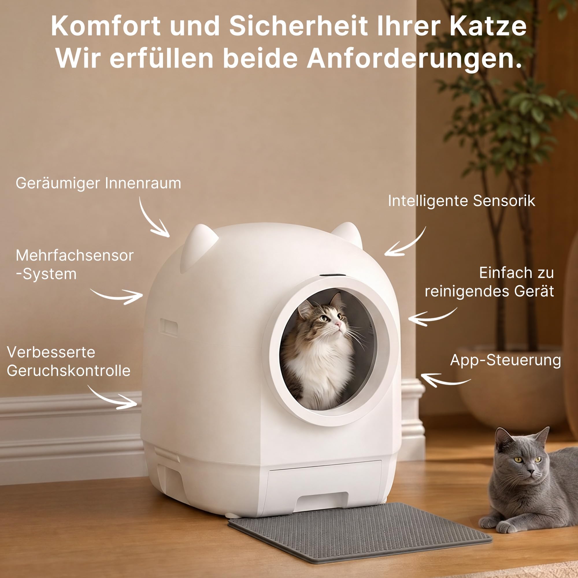 Selbstreinigendes Katzenklo XXL mit 90 L Fassungsvermögen, App-Steuerung und doppeltem Geruchsschutzsystem