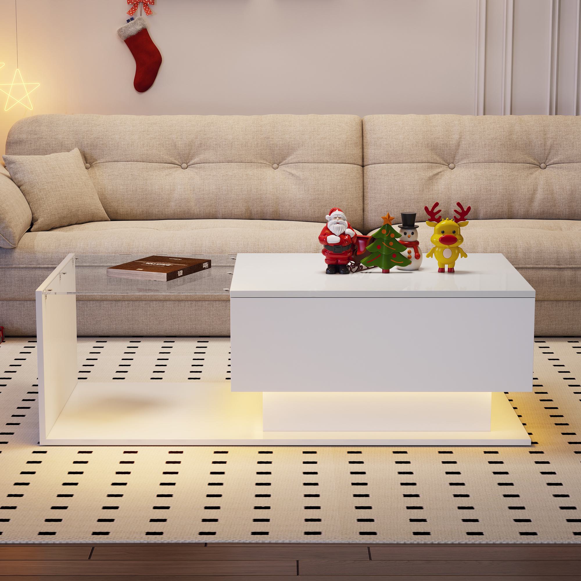 Hochglanz-Couchtisch mit Glasplatte und LED-Beleuchtung, 1 Schublade, kratzfest, moderner Stil, Weiß