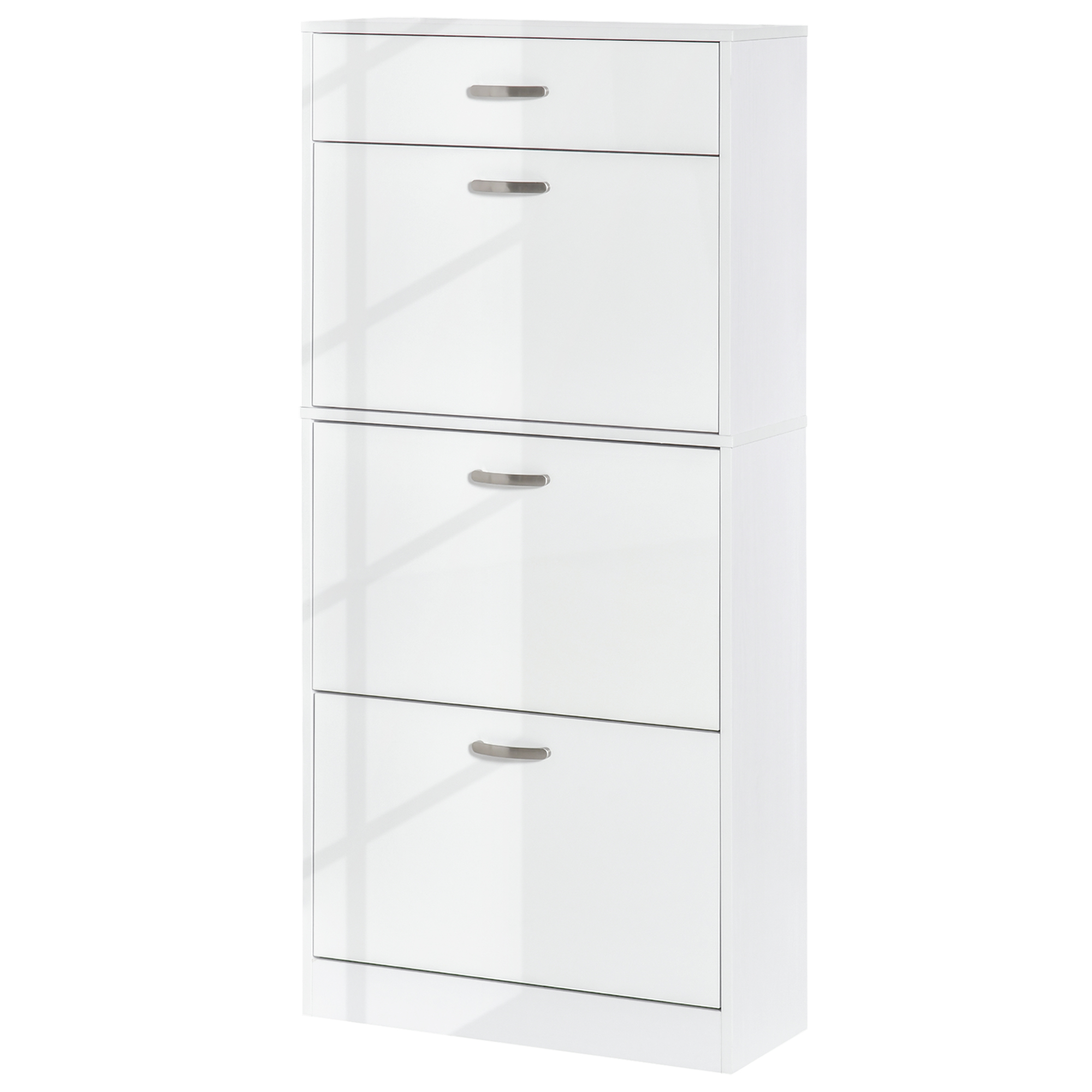 HOMCOM Schuhschrank - 3 klappbare Türen und ausziehbare Schublade - Maße 62L x 24B x 135H cm - Aluminiumgriffe Spanplatten Weiß