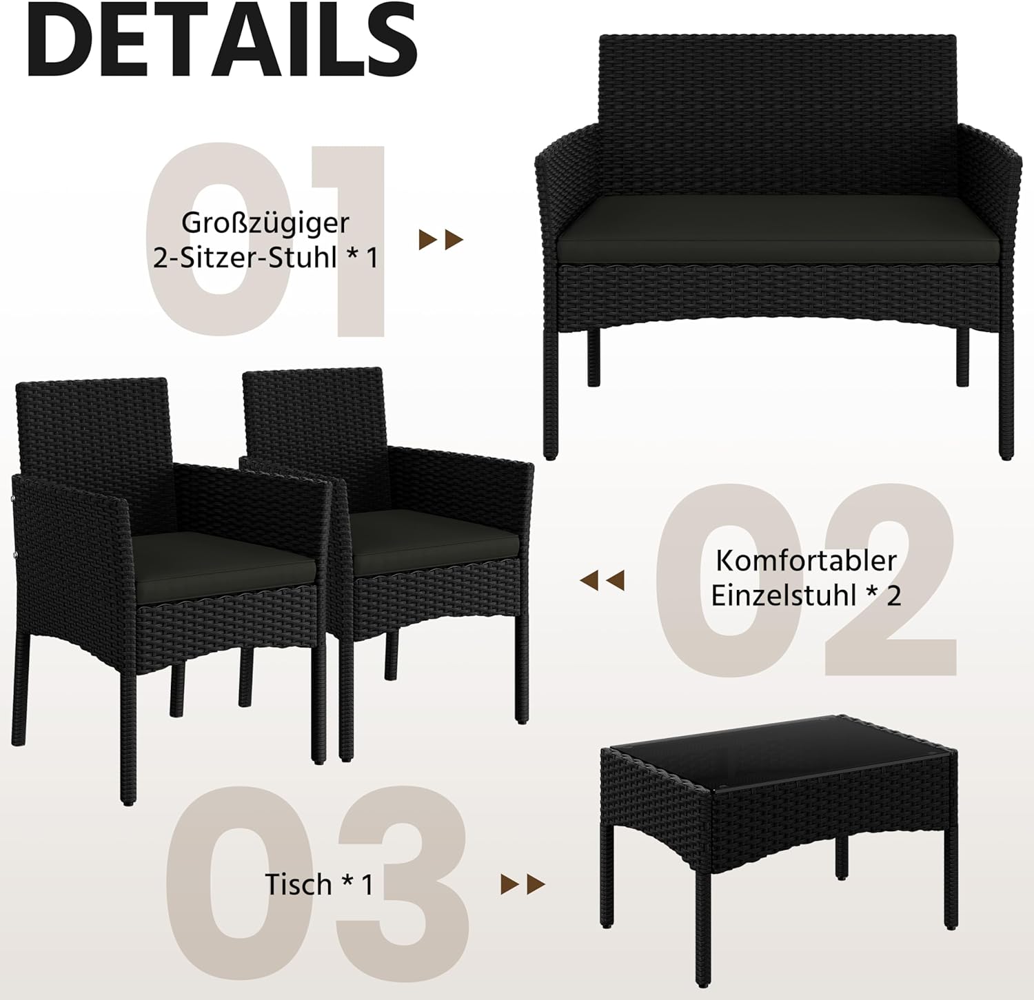 Yaheetech 4-er Gartenmöbel Set Balkonmöbel Set aus Polyrattan Terassenmöbel Außen mit 2er Sofa, 2 Stühle, Tisch & Sitzkissen für Terrasse/Balkon/Garten, Schwarz & Grau