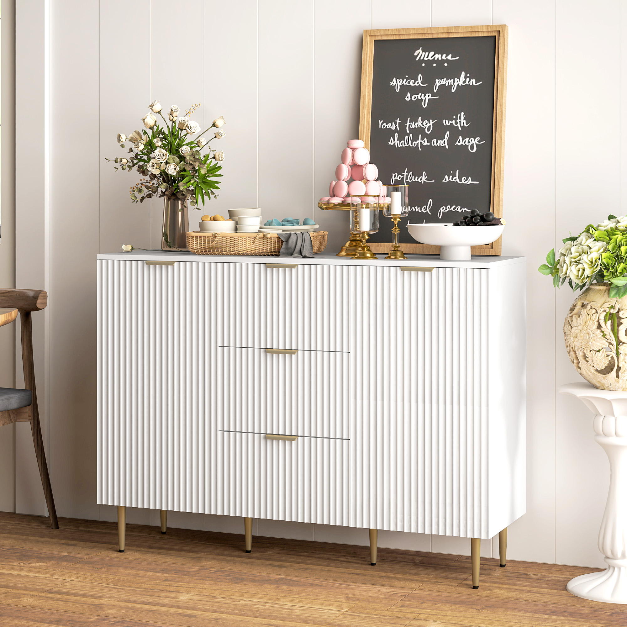 HOMCOM Buffet Küchenmöbel Aufbewahrung mit 3 Schubladen, höhenverstellbaren Regalen, Schranktüren mit Rillen, 120 x 40 x 90 cm, weiß