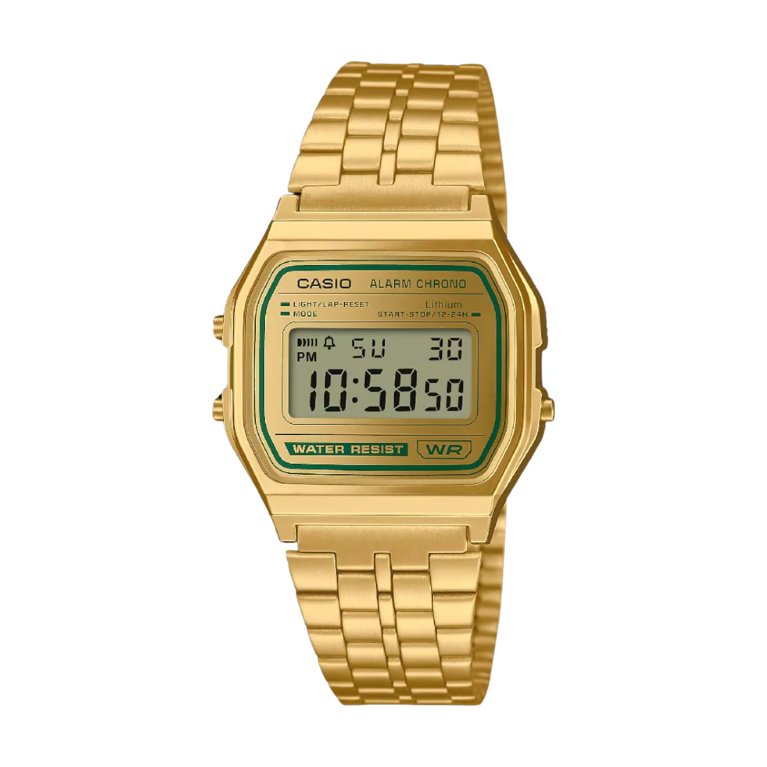 Casio vintage dorato giallo con dettaglio verde A158WEGV-9AEF