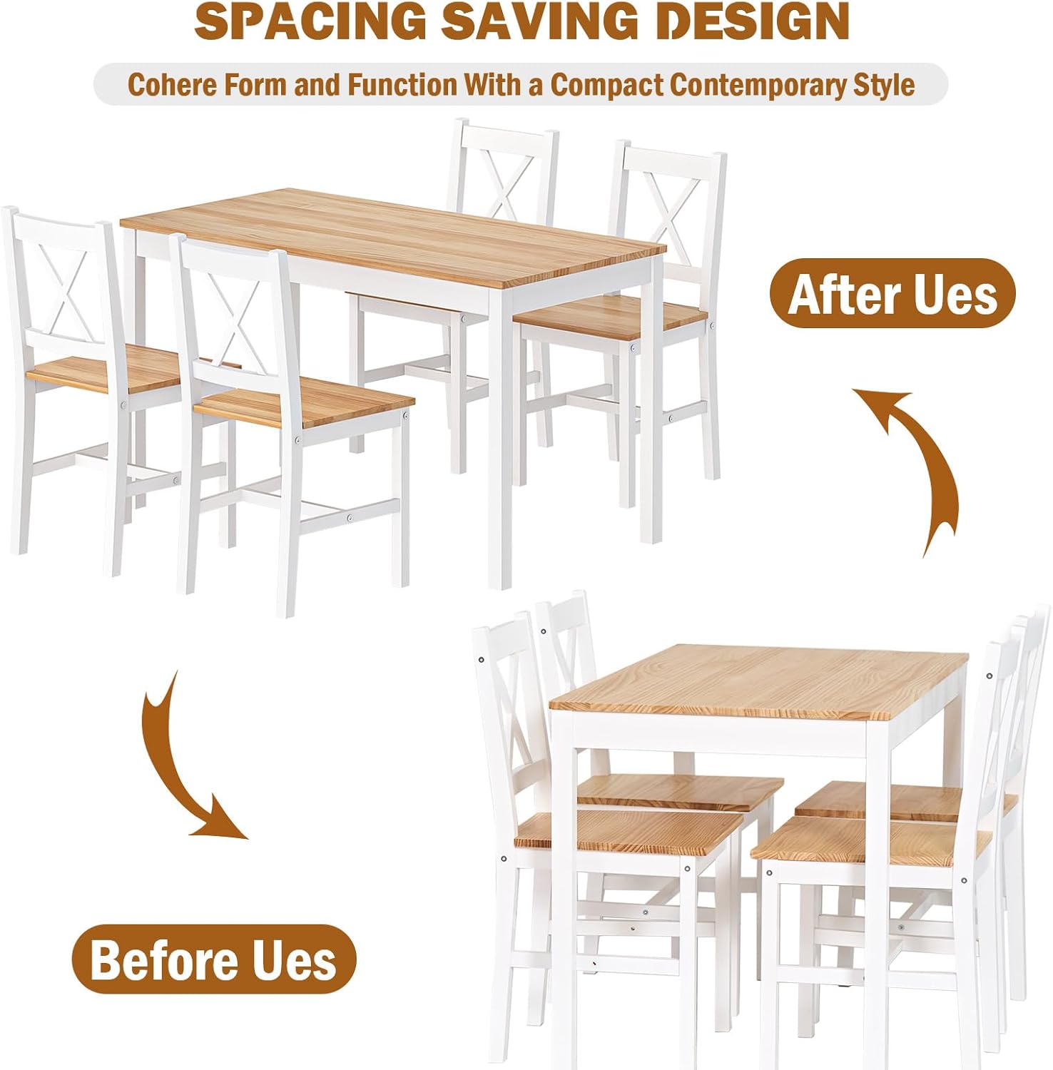 DlandHome Set di 5 pezzi tavolo da pranzo con 4 sedie, set di mobili da cucina in legno di pino teak/bianco