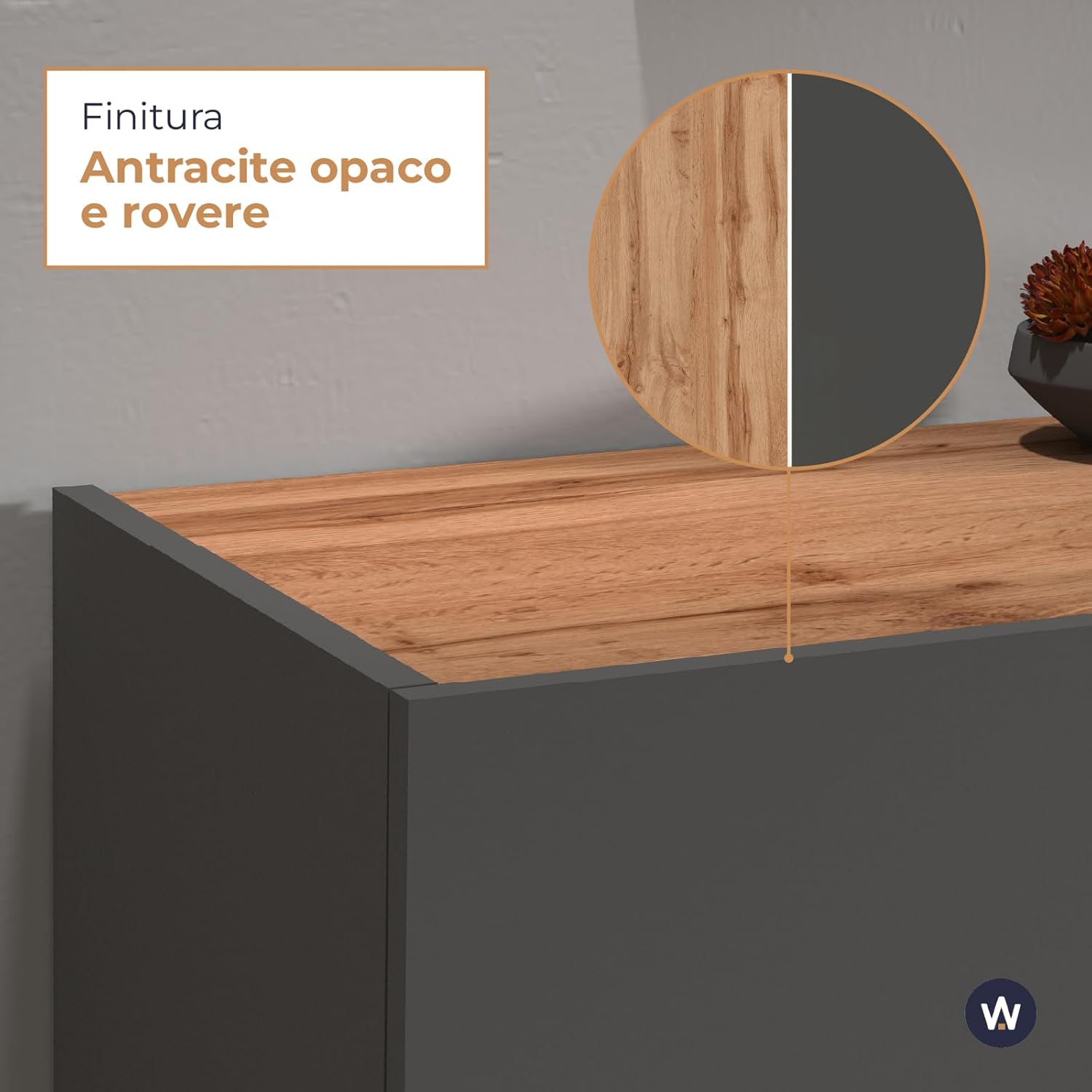 WHOUS Credenza e Buffet GARDA per Soggiorno con 2 Cassetti e 4 Ante, Madia per Salotto, Cucina e Sala da Pranzo in Legno, 160,1x35x70 cm, Antracite Opaco e Rovere