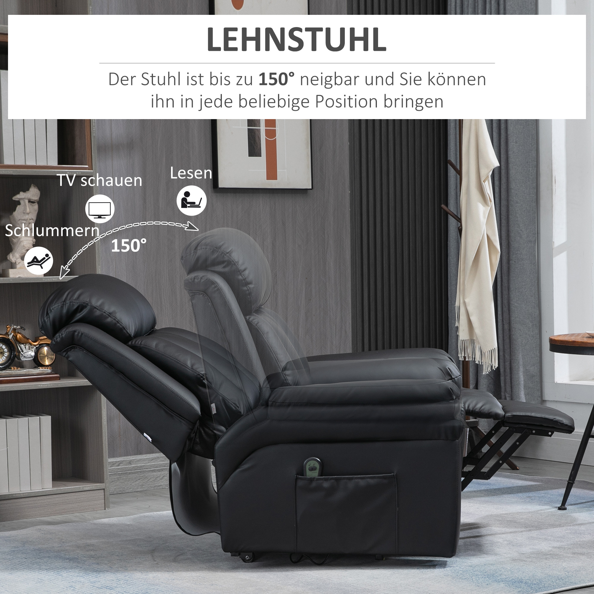Relaxstoel met opsta-hulp, inclusief voetensteun en hoofdsteun, 1 afstandsbediening, zwart