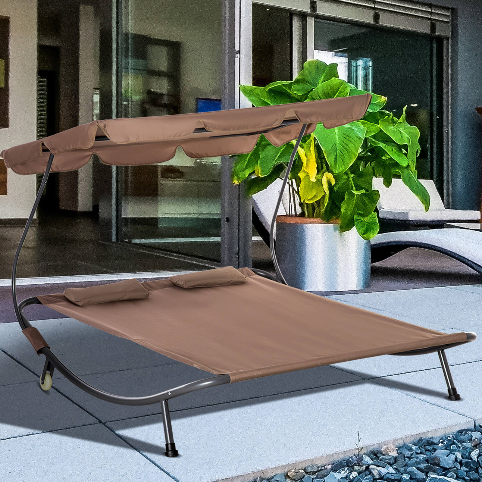 Outsunny Doppelbett Sonnenliege mit verstellbarem Sonnenschirm für den Außen- und Gartenbereich, 200x175x134cm Braun