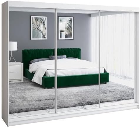 A&J MöbelLand Schwebetürenschrank ULMI Kleiderschrank 200 cm mit Spiegel und Schubladen, moderner Schlafzimmerschrank mit Schiebetüren (Weiß) OZ2190958