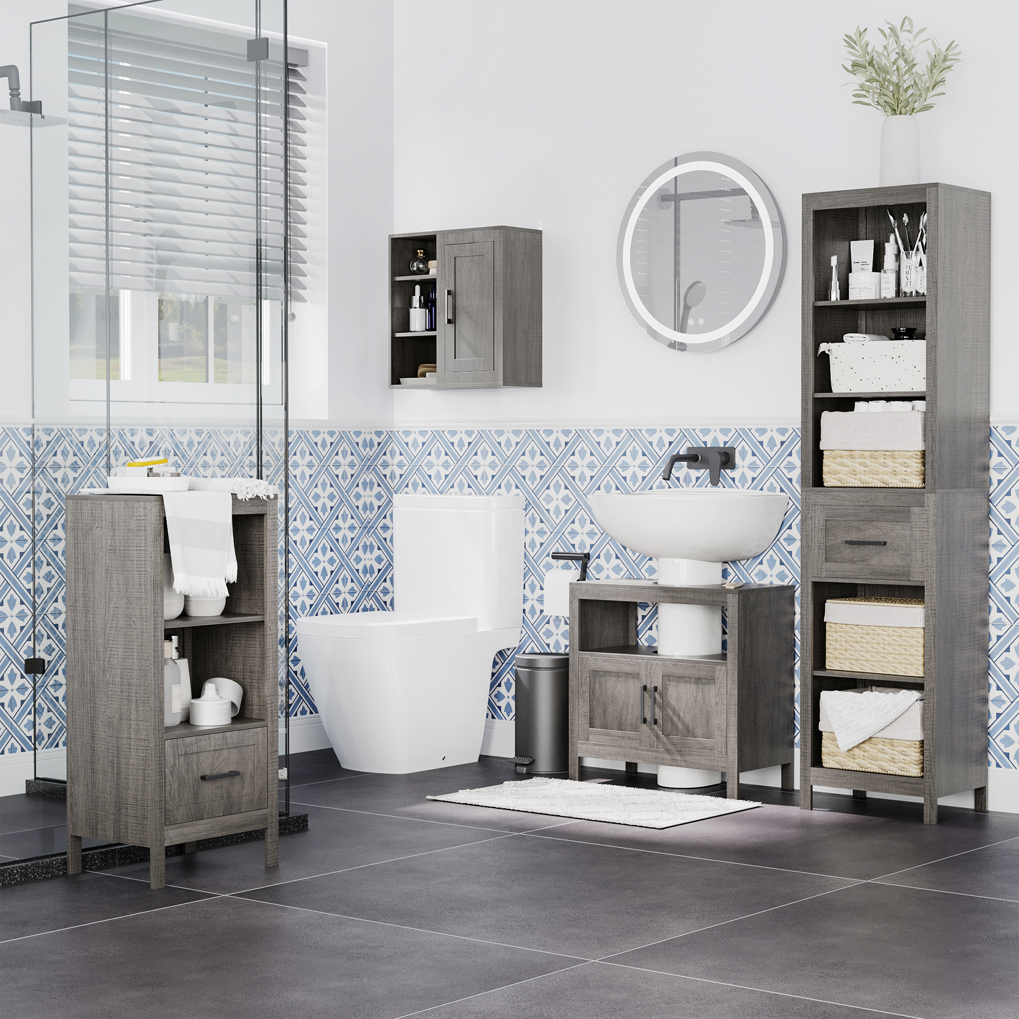 kleankin Badezimmerschrank 2 Regale 1 Schrank 60 cm x 30 cm x 60 cm Holzwerkstoff Grau