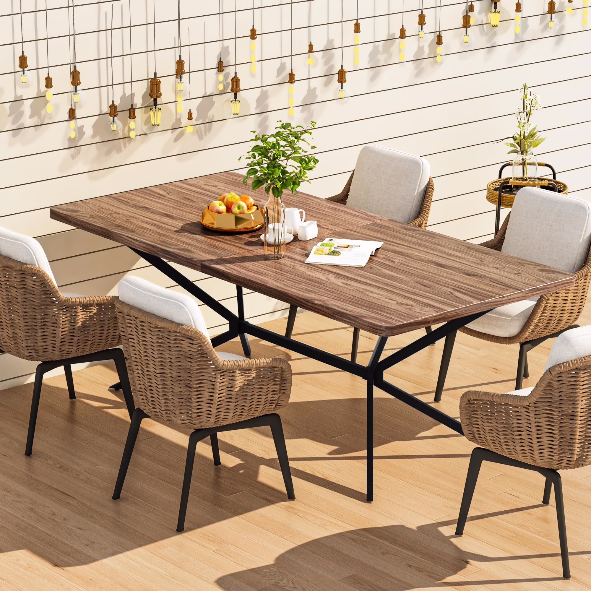 Baxluxe Mid Century Modern Dining Table 70.8 Inch, 6-8 Person Rectangular Kitchen Table with X-Shaped Metal Legs, Wooden Surface Coffee Tables for Living Room, Dining Room, Breakfast Nook, Brown