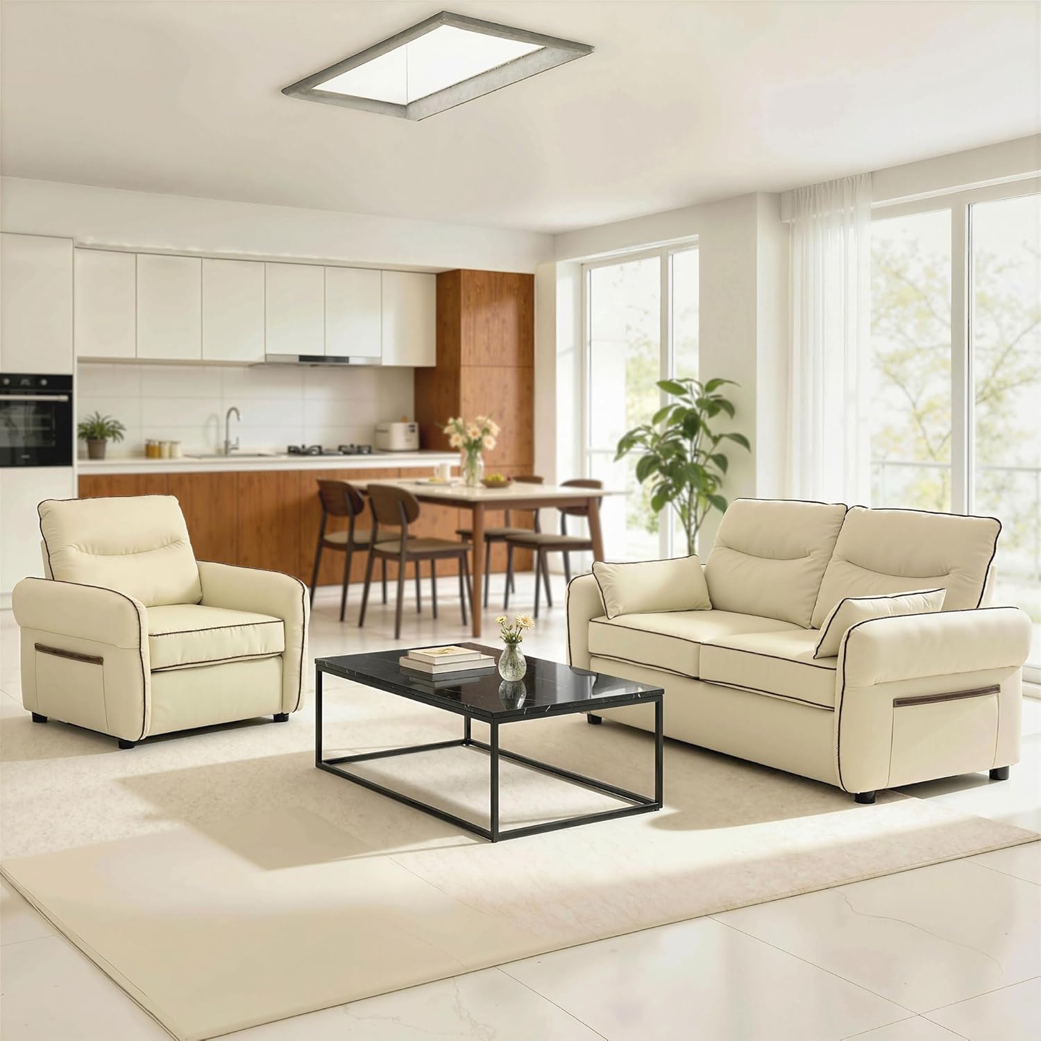 HOMCOM Divano 3 Posti Imbottito in Pelle Finta con Bordo a Contrasto, Divanetto da Salotto con Imbottitura Spessa, 2 Cuscini Rimovibile e Lavabile, Braccioli e Tasche Laterali, 190x83x90 cm, Beige