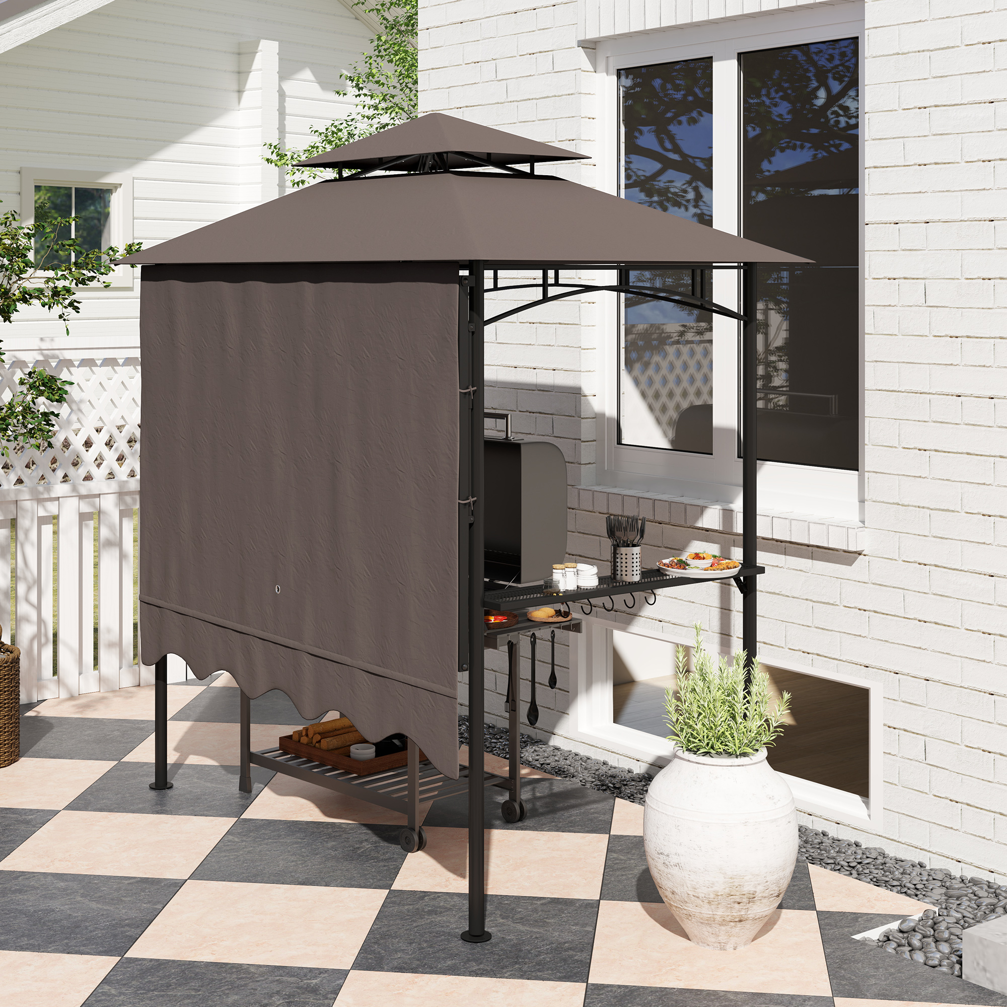 Outsunny Grillpaviljoen 242x149x248 cm Waterafstotend Vlamvertragend Tuinpaviljoen met Dubbellagig Dak Koffie