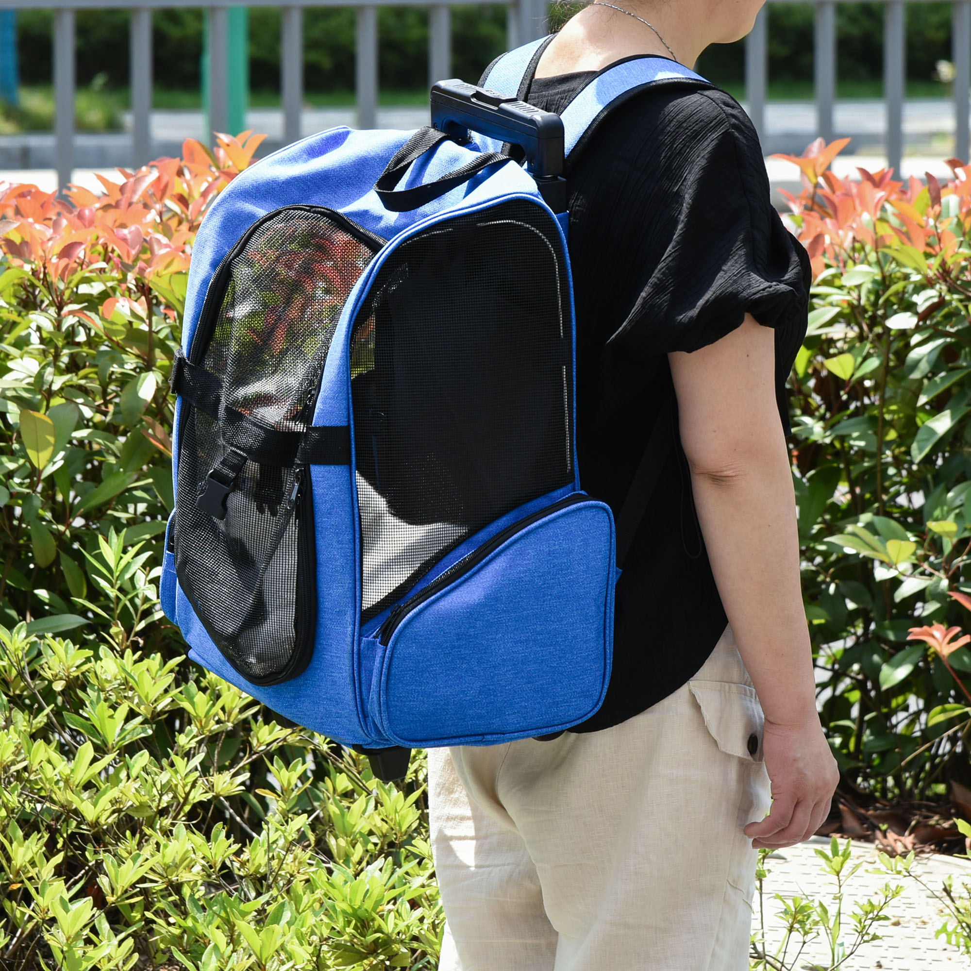 PawHut Trasportino Rucksack 2 in 1 für Hunde und Katzen mit Taschen und Teleskopgriff, 42x25x55cm, Blau