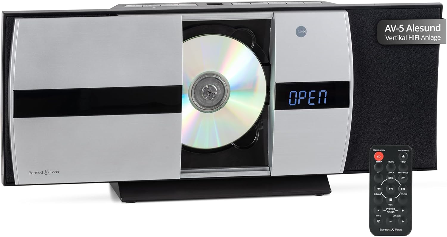 Bennett & Ross ?lesund Vertical Stereo System – Microcha?ne Hi-Fi with Lecteur CD, MP3, Fonction UKW, USB et Bluetooth with NFC – Installation sur pied ou mural – Remote Control Included – Black