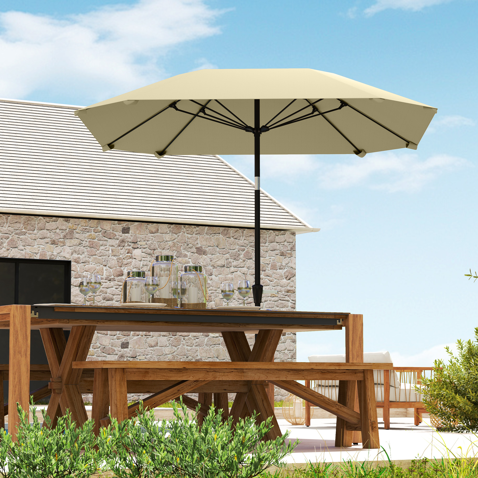 Outsunny 2,3 m Sonnenschirm ohne Basis, Verstellbarer Terrassenschirm mit Kurbel, Polyester, Aluminium, Fiberglas, Beige