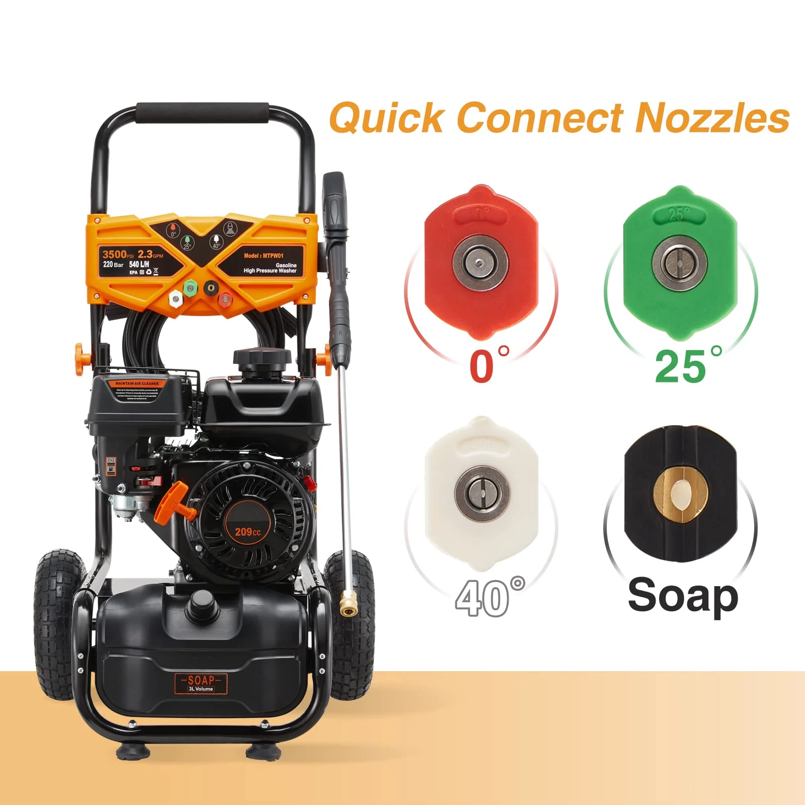 Efurden 3500PSI Gas Pressure Washer, 2.3GPM Gas Powered High Pressure Clean Machine with 209CC Engine, 4 Adjustable Nozzles for Cleaning Walls, Terraces, Vehicles, Gardens (Blue)