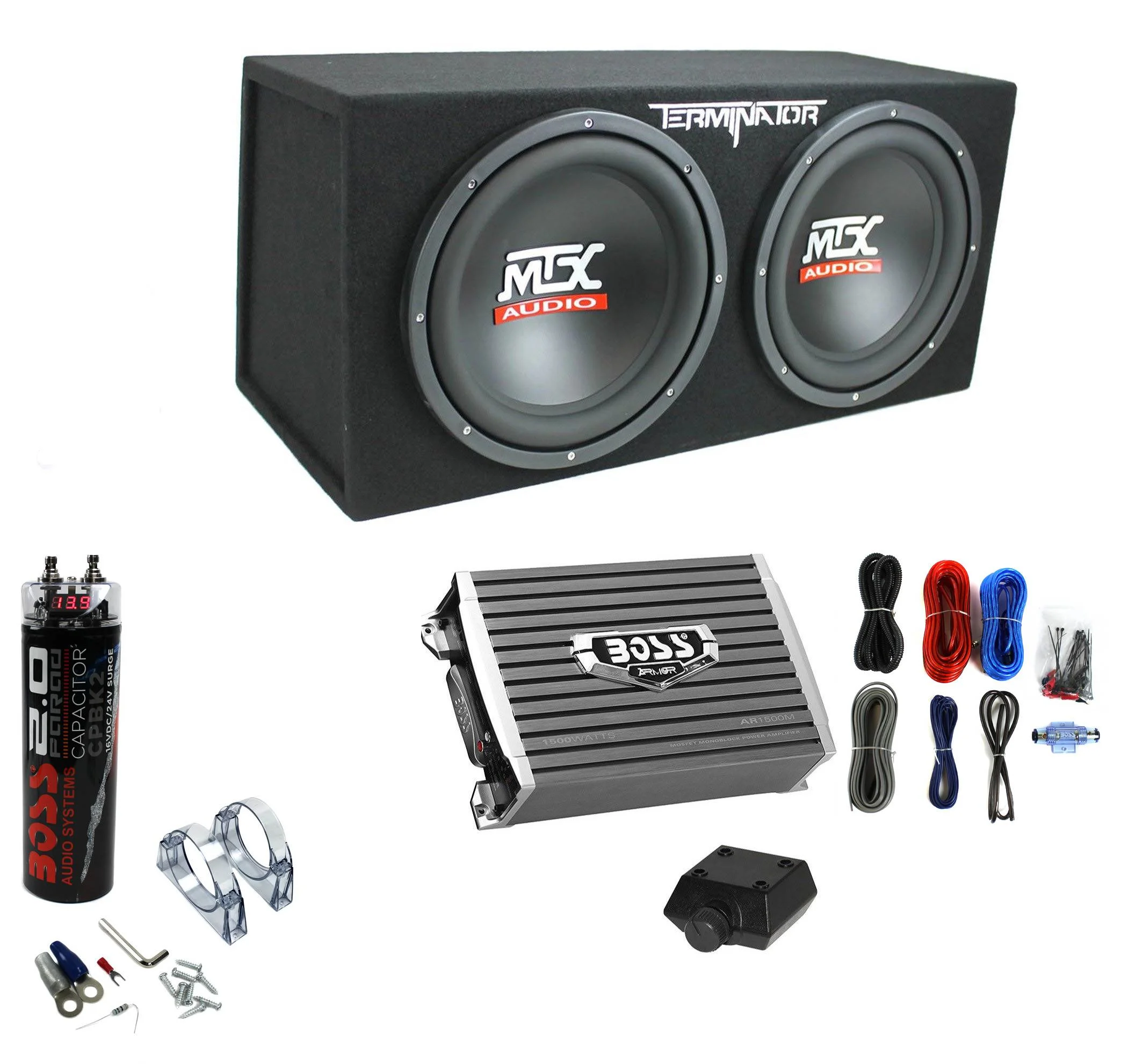 MTX TNE212D 12?? 1200W Dual Subwoofer Box met 1500W Monoblok Versterker & 2-Farad Condensator