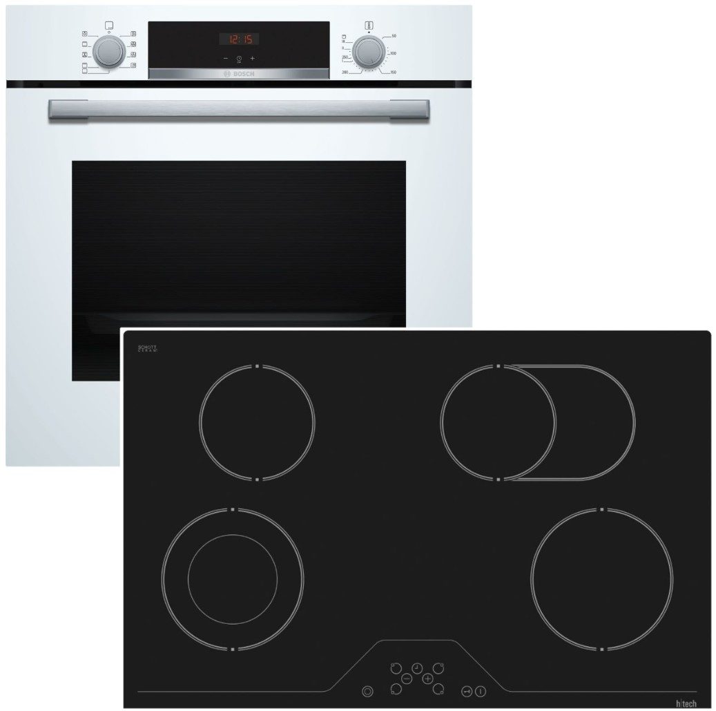 Backofen-Set Weiss Kochfeld 3D Heissluft Glaskeramik Zweikreiszone rahmenlos htech