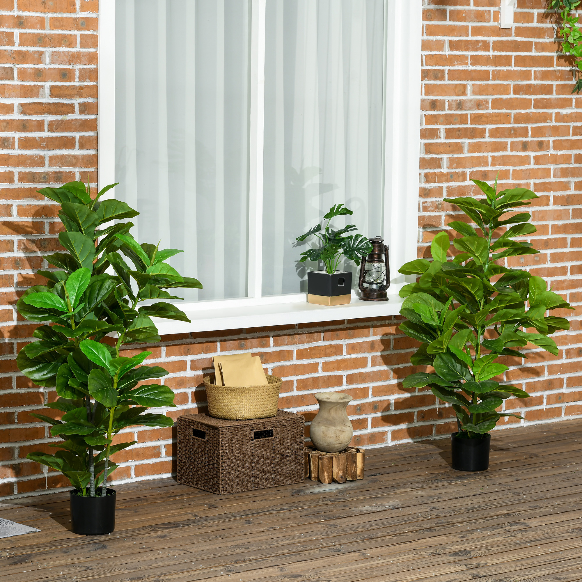 HOMCOM Set mit 2 künstlichen Feigenbäumen Kunstbaum mit Topf inklusive Höhe 110 cm grün
