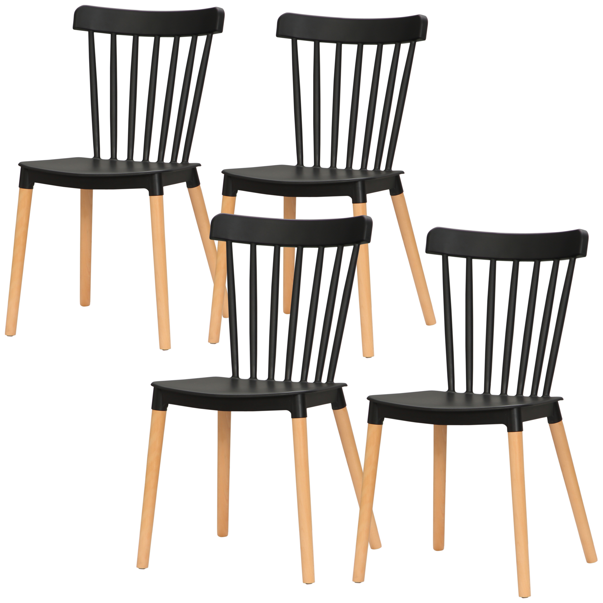 HOMCOM Set mit 4 skandinavischen Stühlen, hohe Rückenlehne, Sitze aus Polypropylen, Buchenholzbeine, 48 x 52,5 x 83 cm, Schwarz