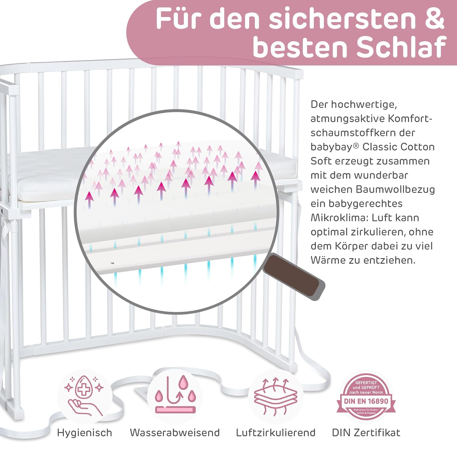 babybay Original Beistellbett aus massivem Buchenholz / kompakt & verwandelbar / Kinderbett Höhe stufenlos verstellbar & umweltfreundlich / mitwachsendes Babybett (weiß lackiert) / inkl. Matratze