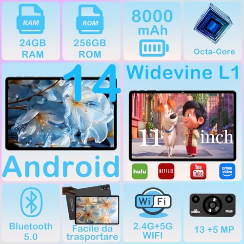 ZIOVO Tablet Android 14 Tablet 11 Pollici, 24GB RAM 256GB ROM (TF 1TB), 5G WiFi Tablet, Widevine L1/Octa Core 2.0 GHz/8000mAh/Corpo Metallico/13 5MP/BT5.0/Supporto Netflix, Tablet con Custodia   Nero : Informatica