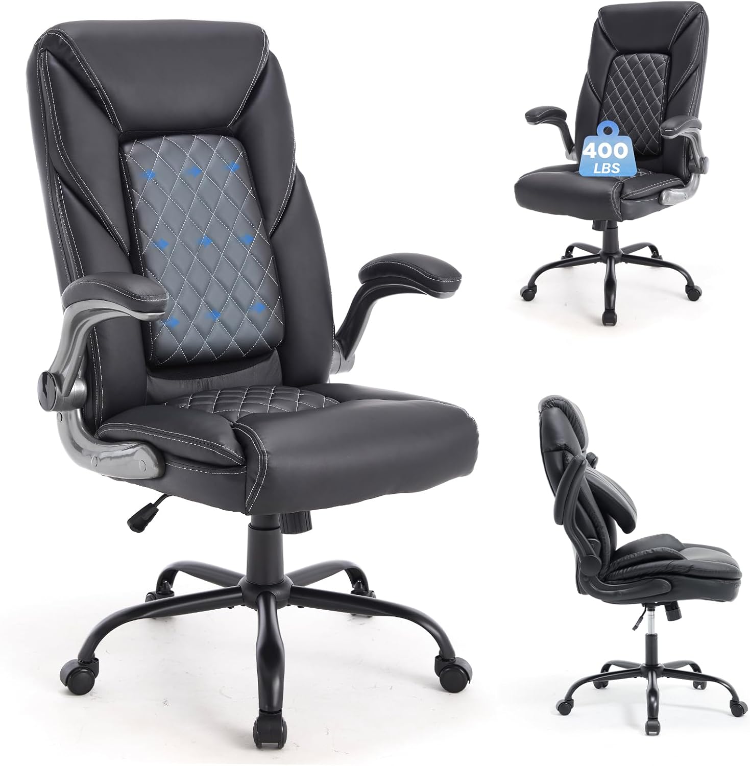 Ergonomic Executive Office Chairs with Lumbar Support Wheels PU Leather Padded Home Desk Chairs with Adjustable Flip Arms, Black