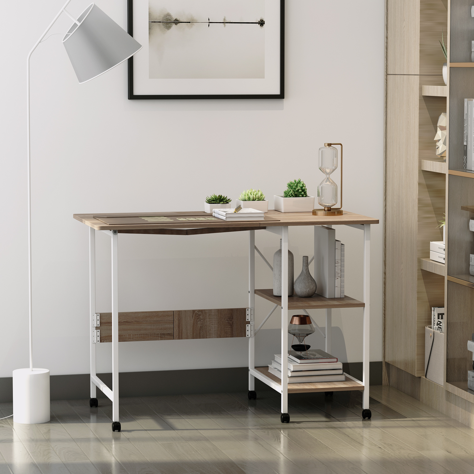 HOMCOM Klapptisch Schreibtisch Beistelltisch Bürotisch Mobiler Computertisch mit Rollen MDF Natur 107 x 55 x 76 cm