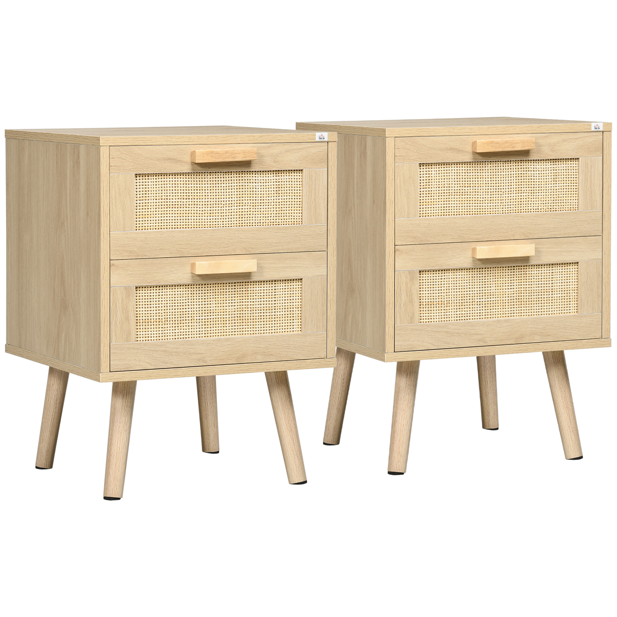 HOMCOM 2er-Set Nachttische im Boho-Design, 2 Nachttische, Rattangeflecht, 4 Schubladen, Natur