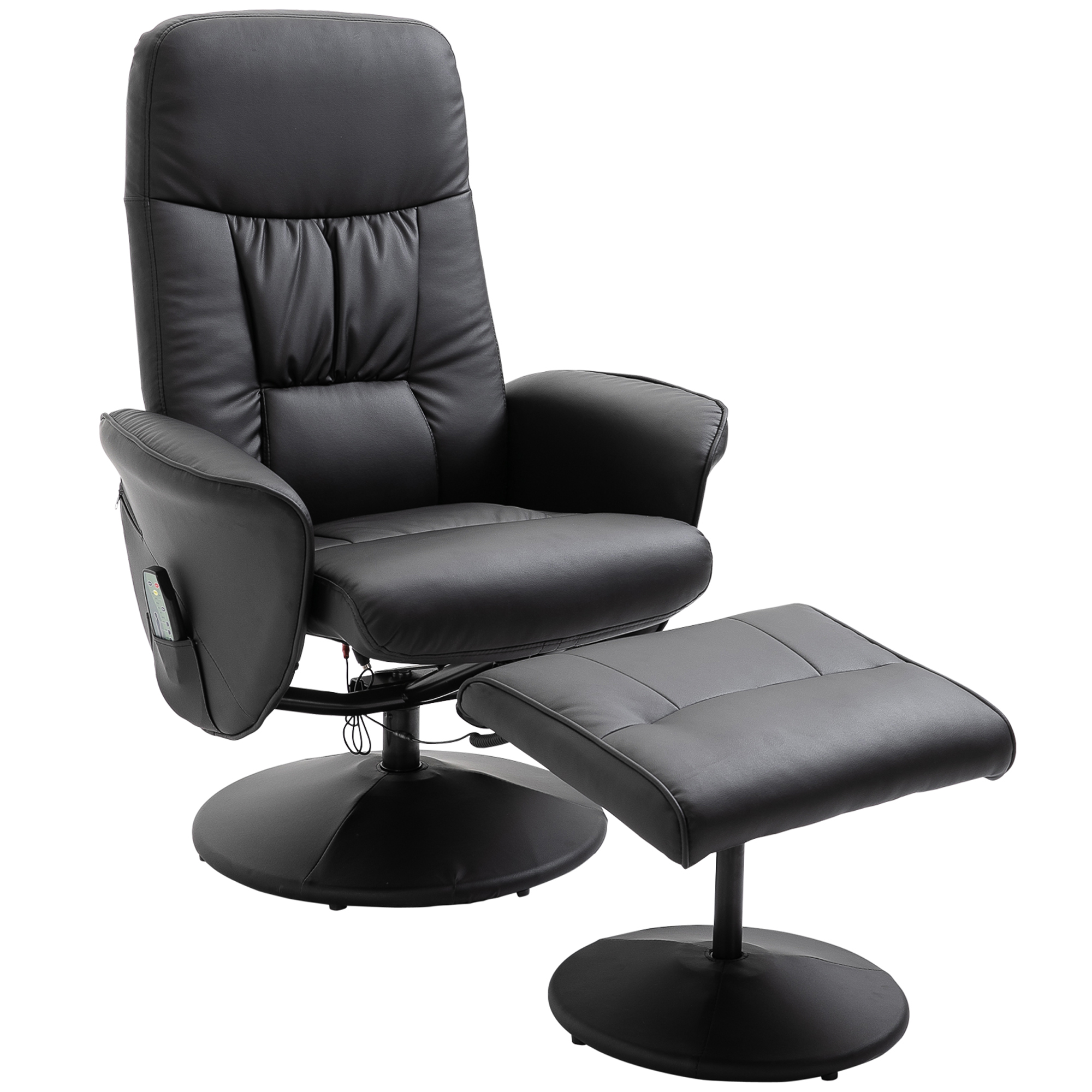 HOMCOM Relaxsessel mit Fußhocker, Elektrischer Massagesessel mit Liegefunktion, 10 Massagepunkte, Drehbarer Fernsehsessel mit Seitentasche, Fernbedienung, Kunstleder, Schwarz