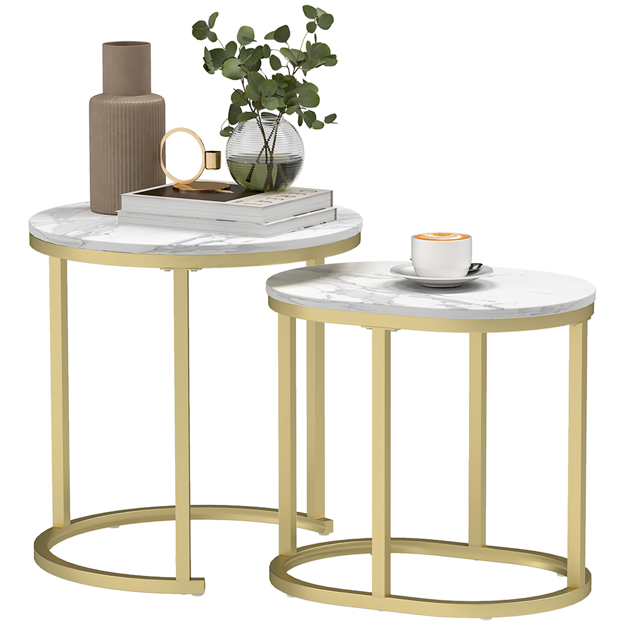 HOMCOM 2er-Set Couchtisch, Ovaler und runder Kaffeetisch, stapelbar, Marmoroptik, Stahl, Ø50 x 50,5 cm, Weiß