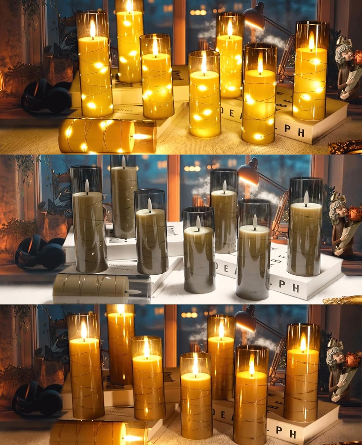 ACROSS Graue flammenlose Kerzen mit Lichterkette, batteriebetriebene LED-Stumpenkerzen, 12,7 cm, 15,2 cm, 17,8 cm, 20,3 cm, Kerze mit Fernbedienung, künstliche Kerzen, Set mit 12 Stück, für besondere