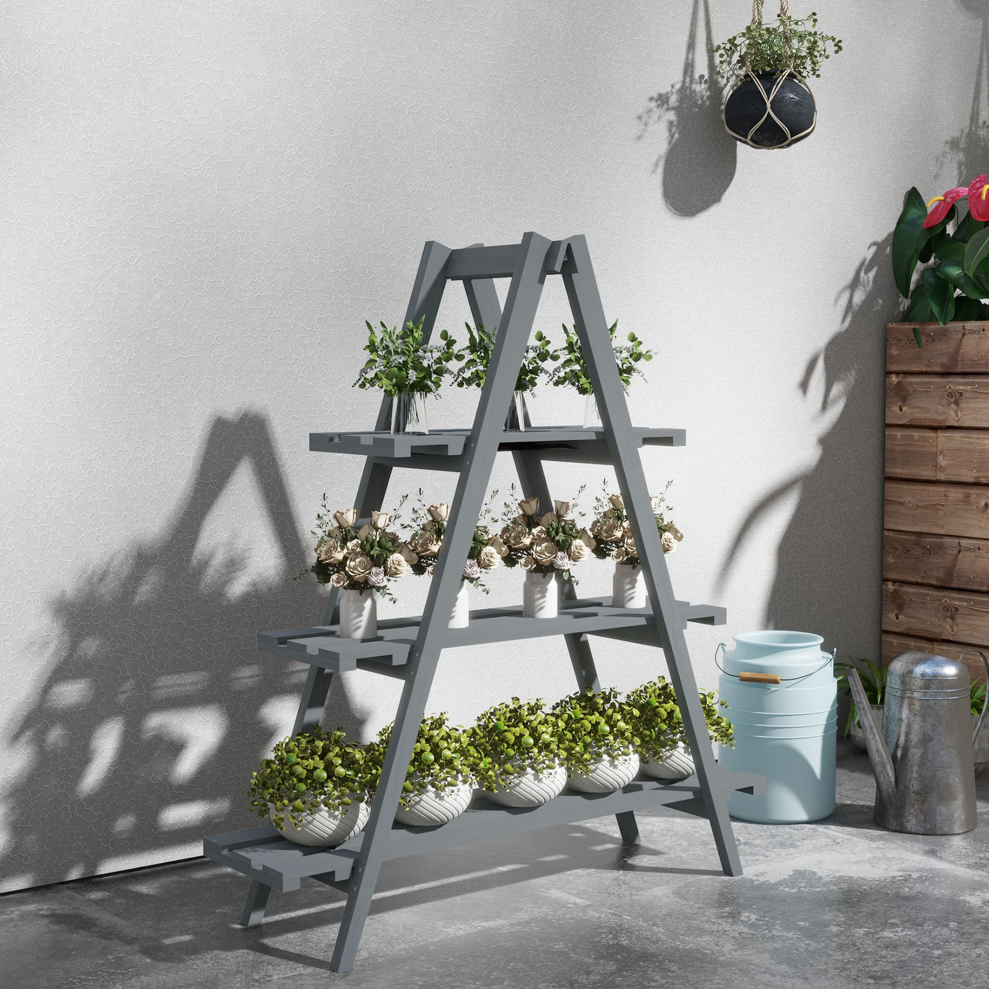 Outsunny Vertikaler Pflanzenständer mit 3 Ebenen aus Tannenholz, 100x36x112 cm, Grau