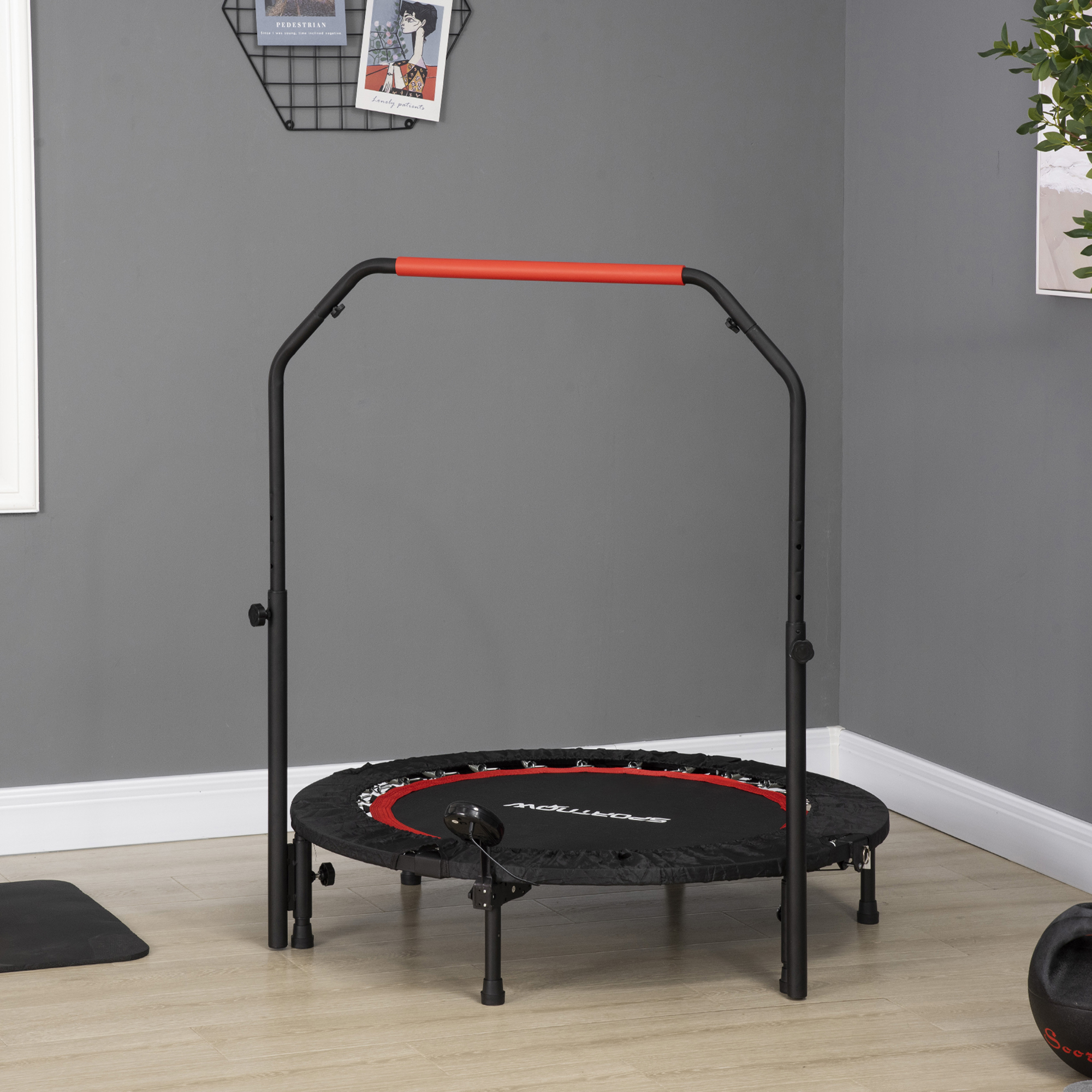 SPORTNOW Mini-Trampolin, mit höhenverstellbarem Haltegriff, LCD-Monitor, Stahl, schwarz+rot, Ø102 x 99-123cm