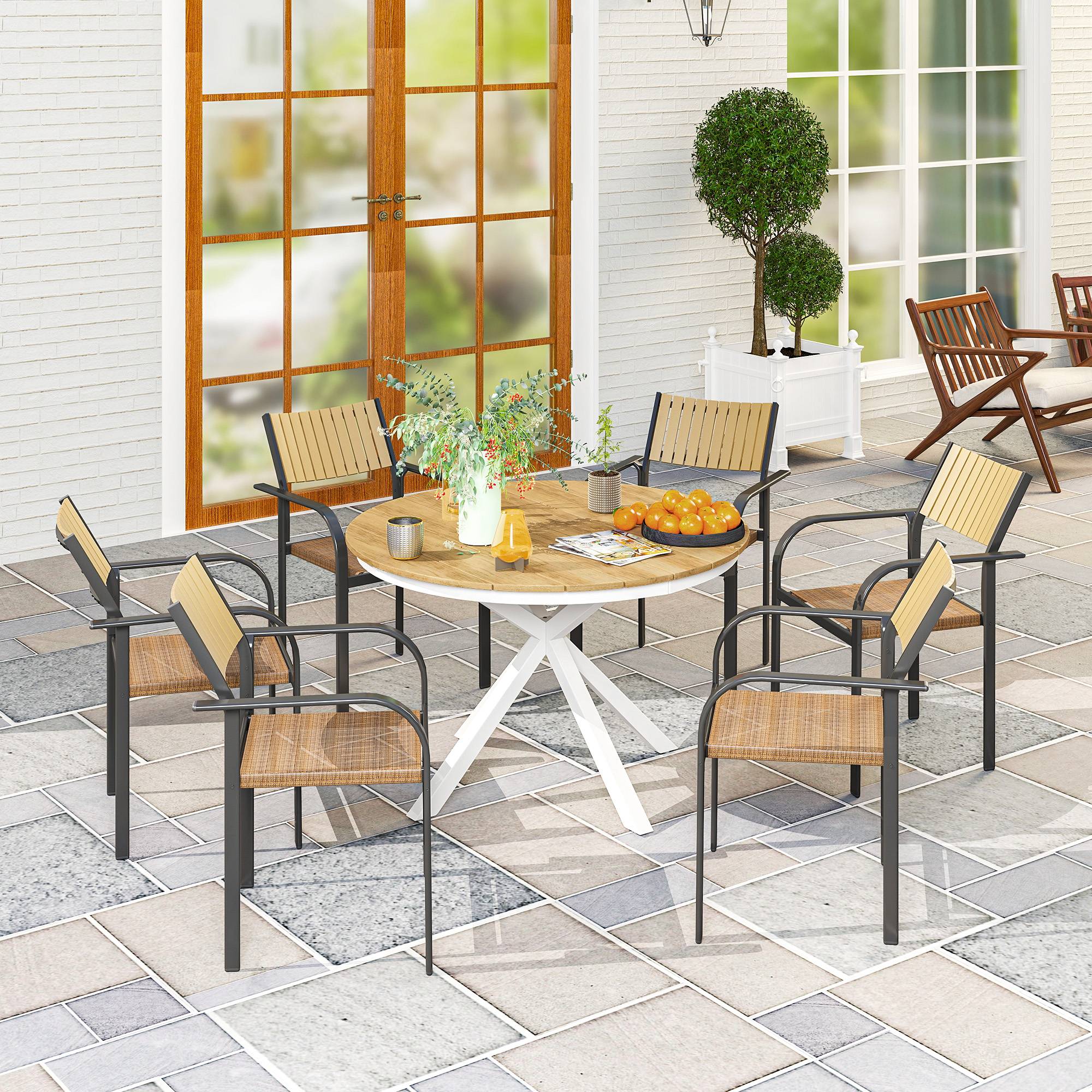 Outsunny Gartentisch Ø118cm, Wetterfest Balkontisch aus Aluminium, Beistelltisch mit Kreuzbeine Lattendesign Teak