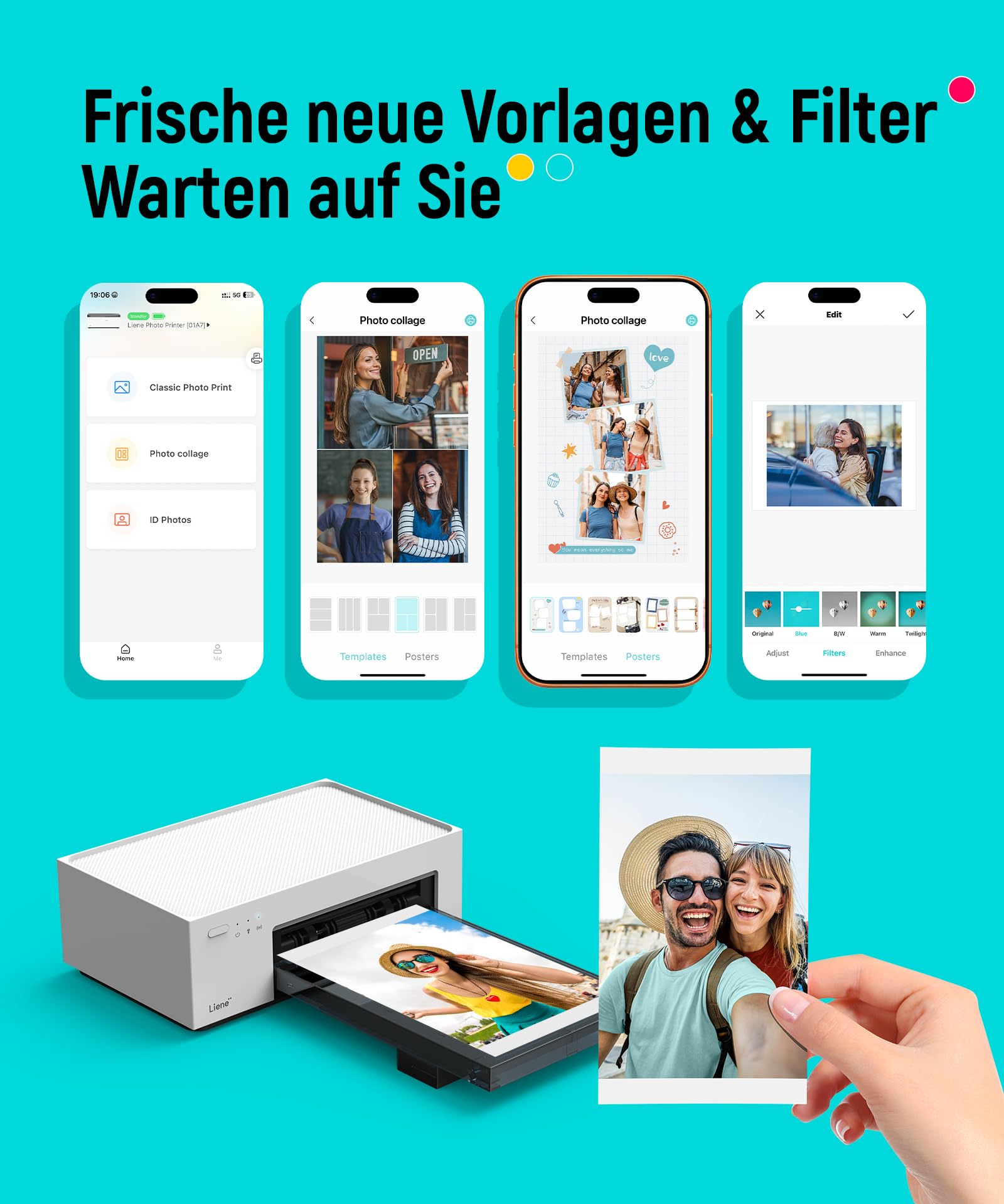 Tragbarer Fotodrucker für Smartphone und PC mit WLAN, 10x15 cm, Farbstoffsublimation, 300 DPI, inkl. 100 Blatt Fotopapier und 3 Patronen