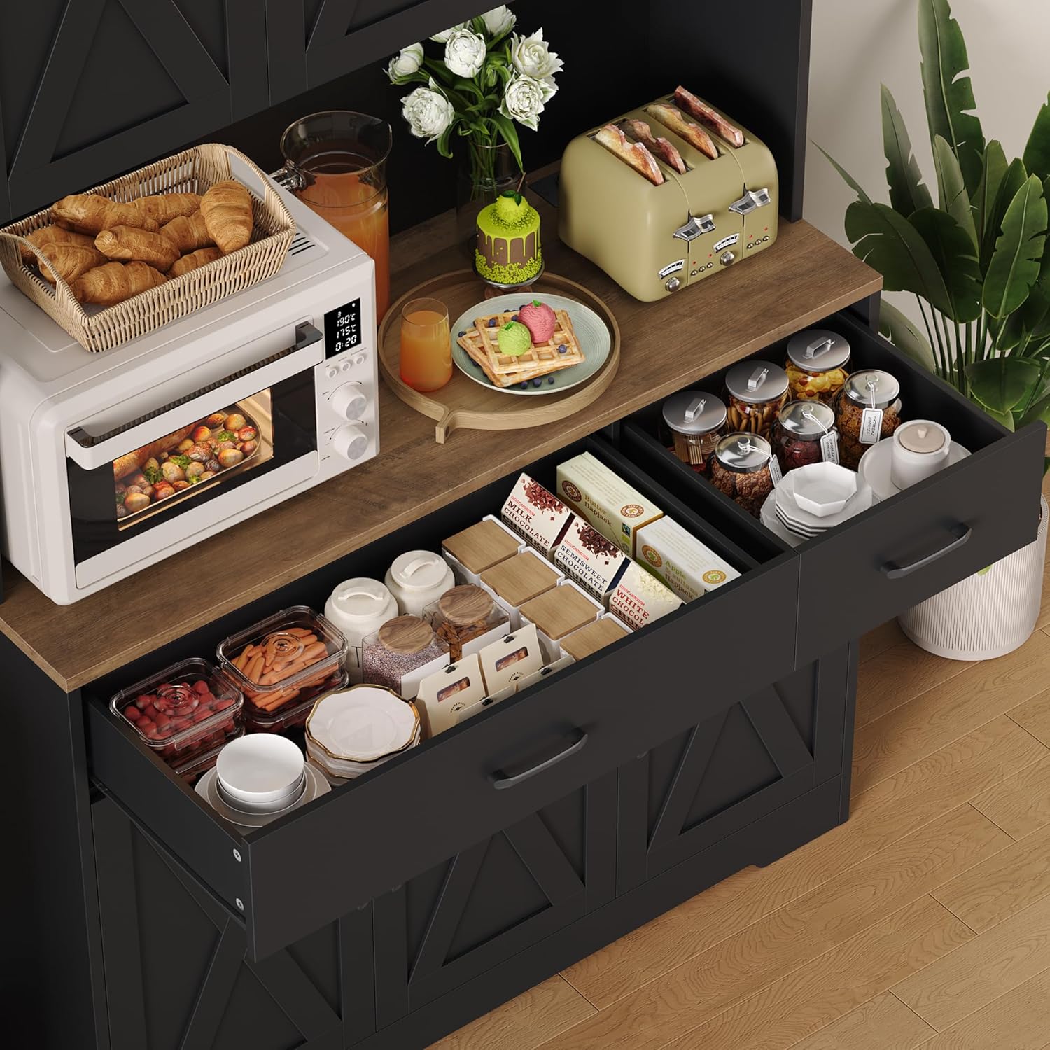 HOCSOK Credenza Cucina 105x180 cm (BxH), Alta Dispensa Cucina con Presa Elettrica, Ripiani Regolabili, Microonde con Ripiani Aperti, mobile soggiorno, Nero