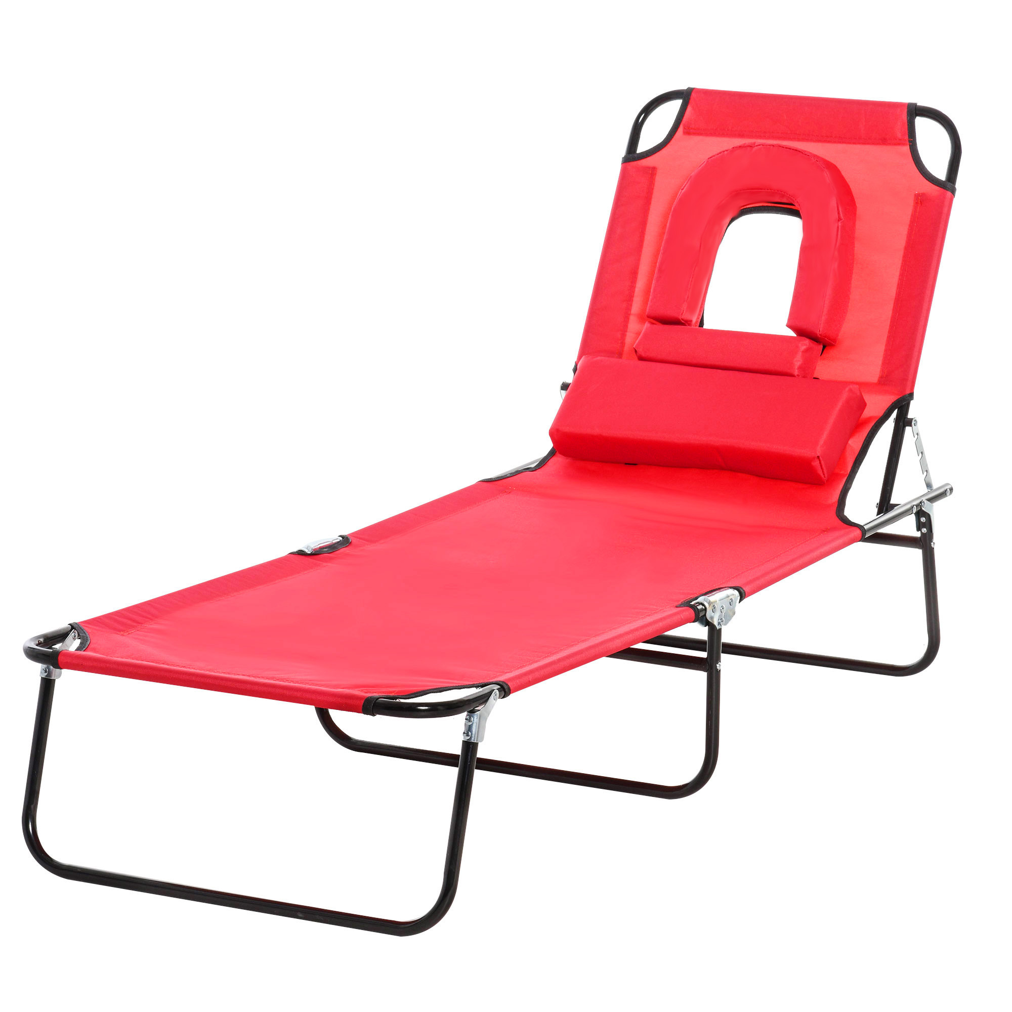 Outsunny Sonnenliege klappbarer Strandliege 4-fach verstellbare Gartenliege mit Leseloch 3 Kissen Rot